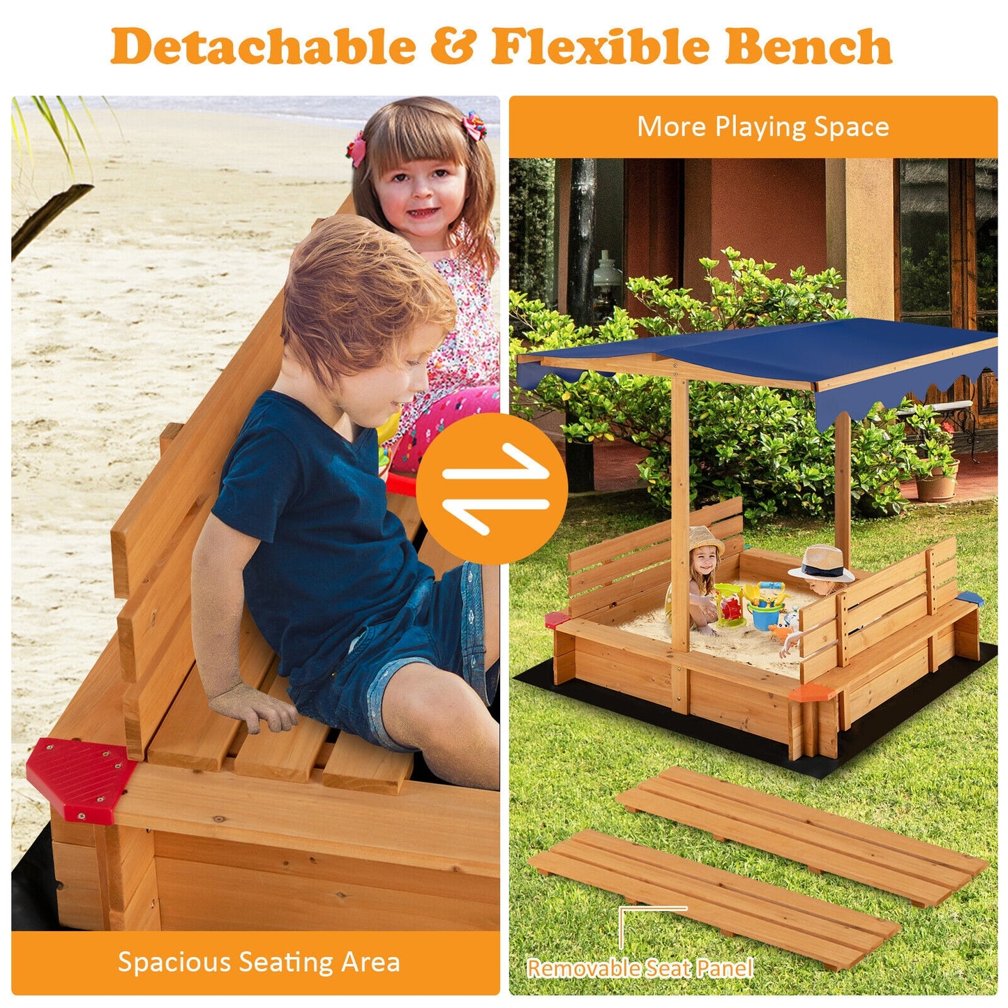 Kids Wooden Sandbox with Canopy and 2 Bench Seats Kids Crystal