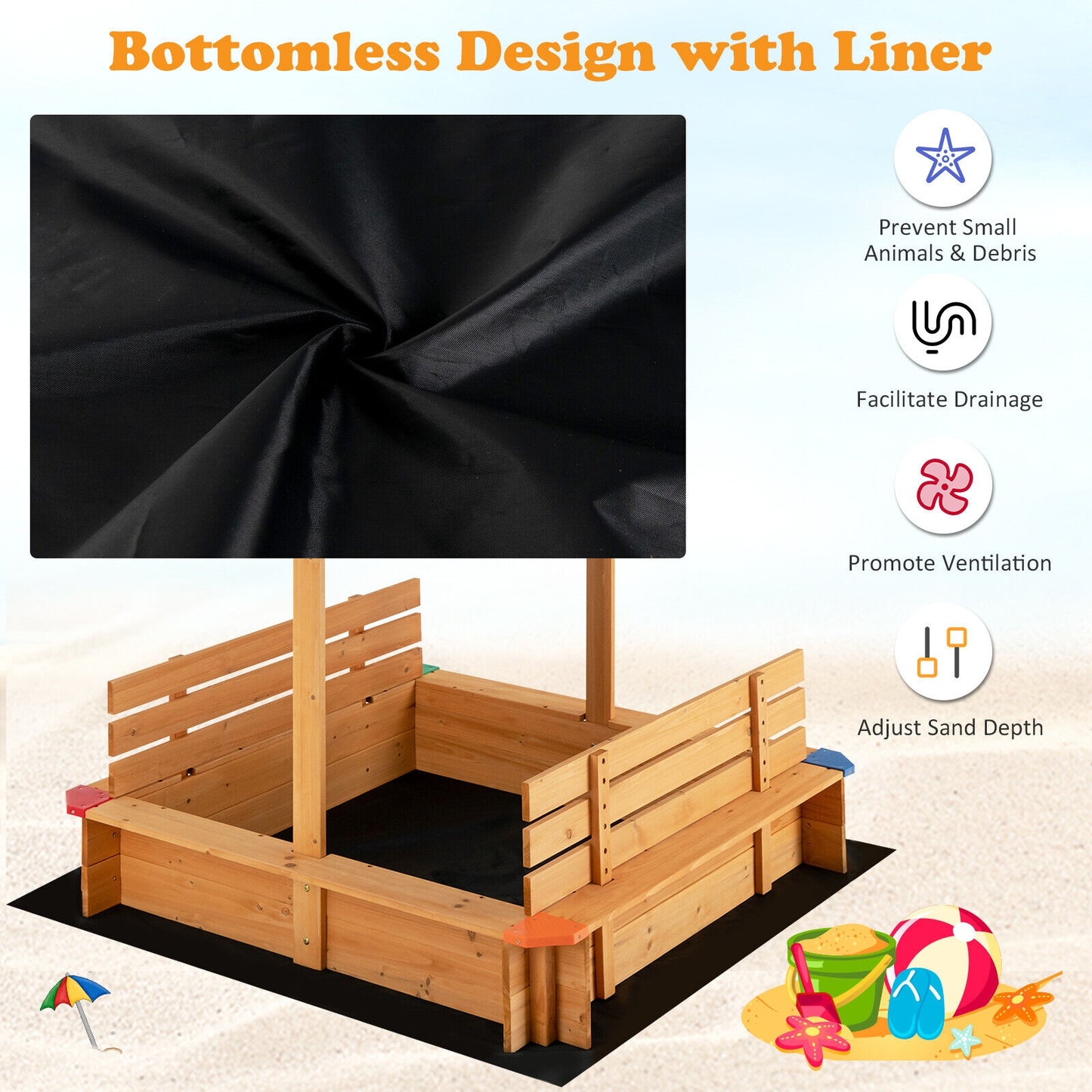 Kids Wooden Sandbox with Canopy and 2 Bench Seats Kids Crystal