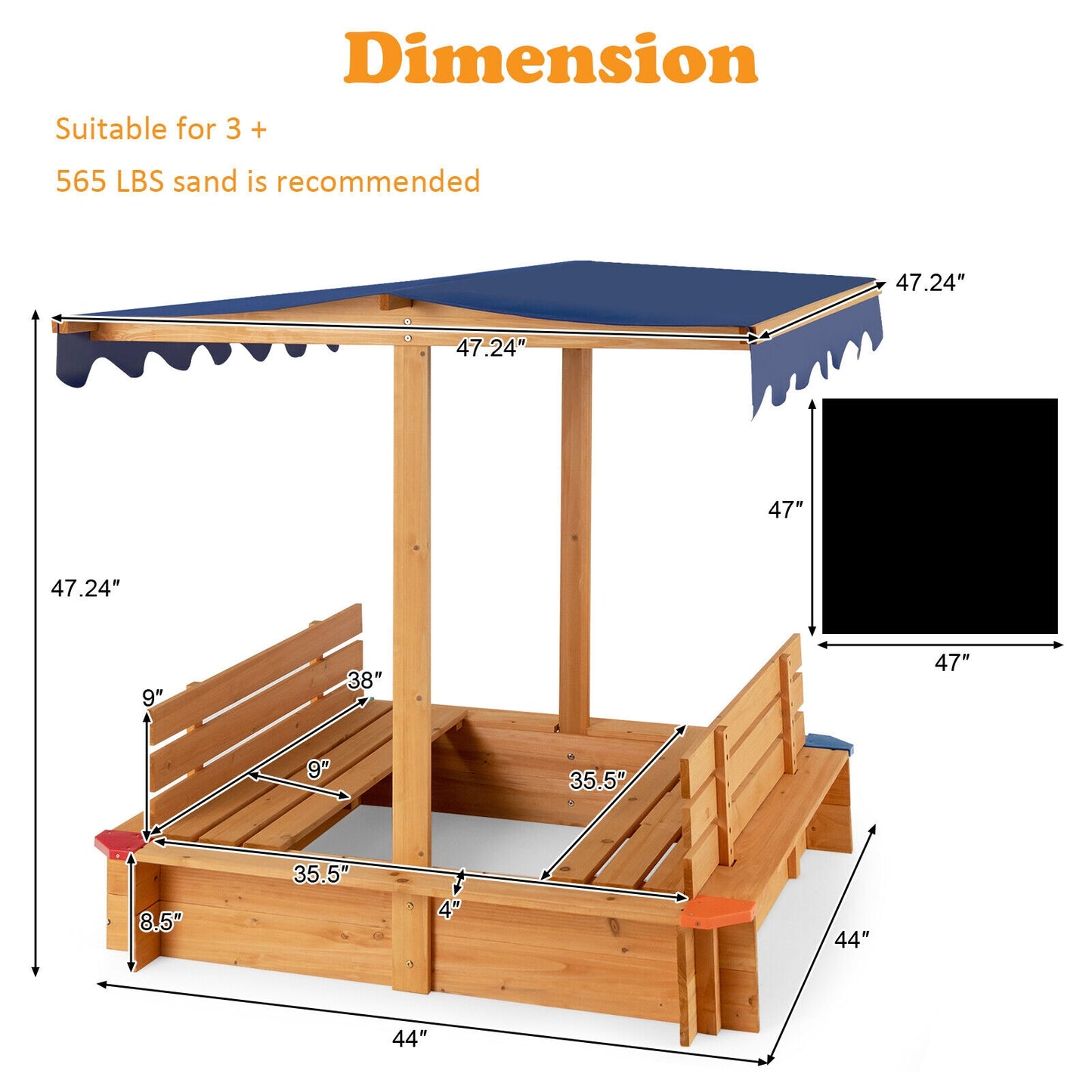 Kids Wooden Sandbox with Canopy and 2 Bench Seats Kids Crystal