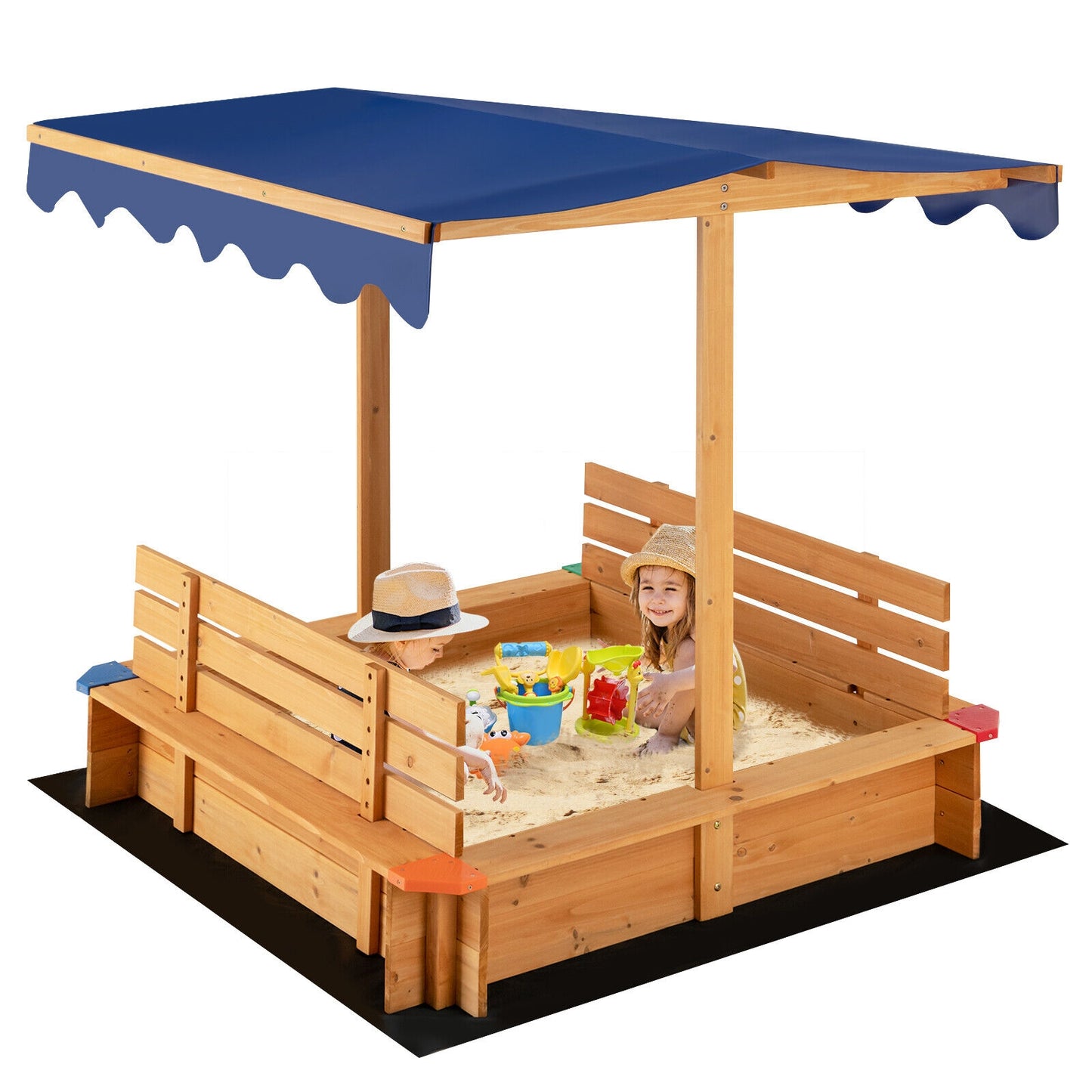 Kids Wooden Sandbox with Canopy and 2 Bench Seats Kids Crystal