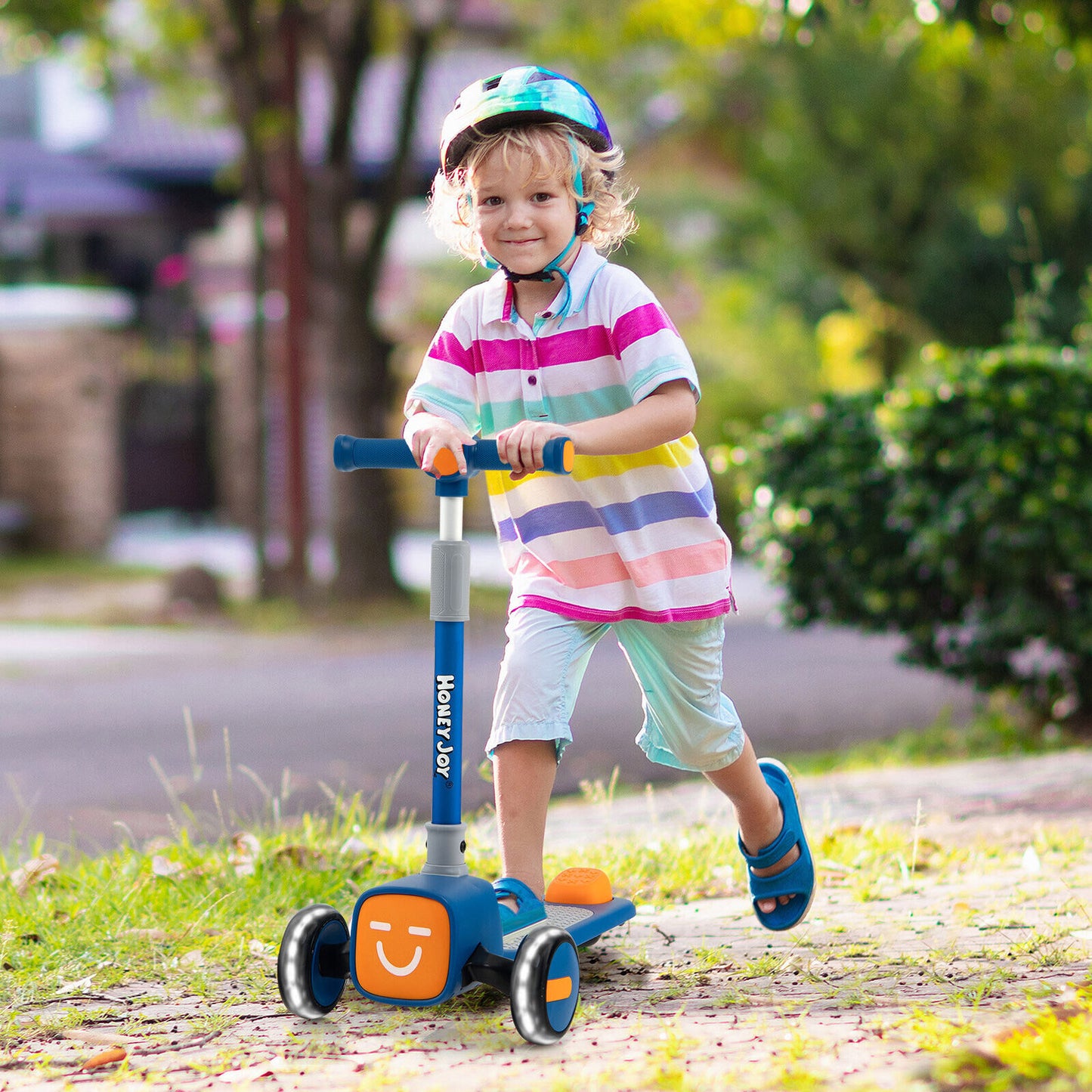 Folding Adjustable Kids Toy Scooter with LED Flashing Wheels Horn 4 Emoji Covers-Blue Kids Crystal