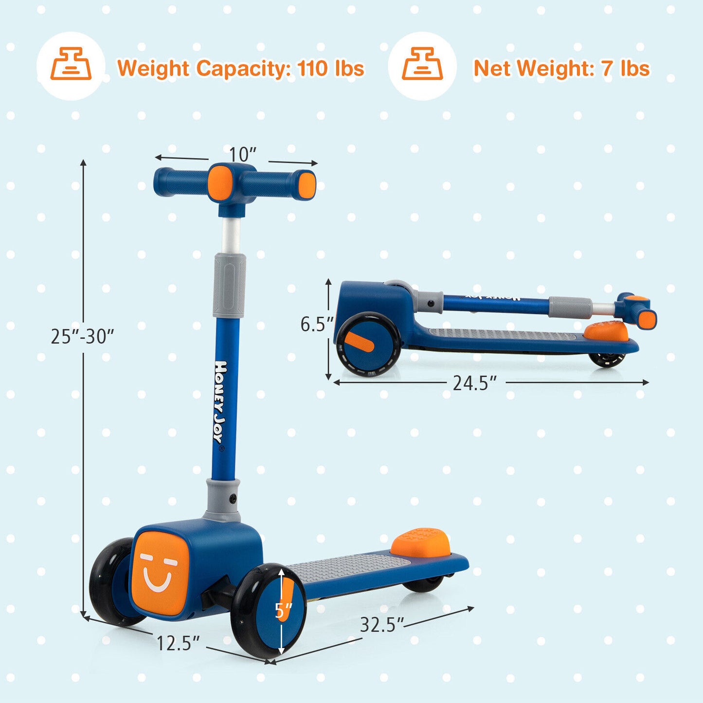 Folding Adjustable Kids Toy Scooter with LED Flashing Wheels Horn 4 Emoji Covers-Blue Kids Crystal
