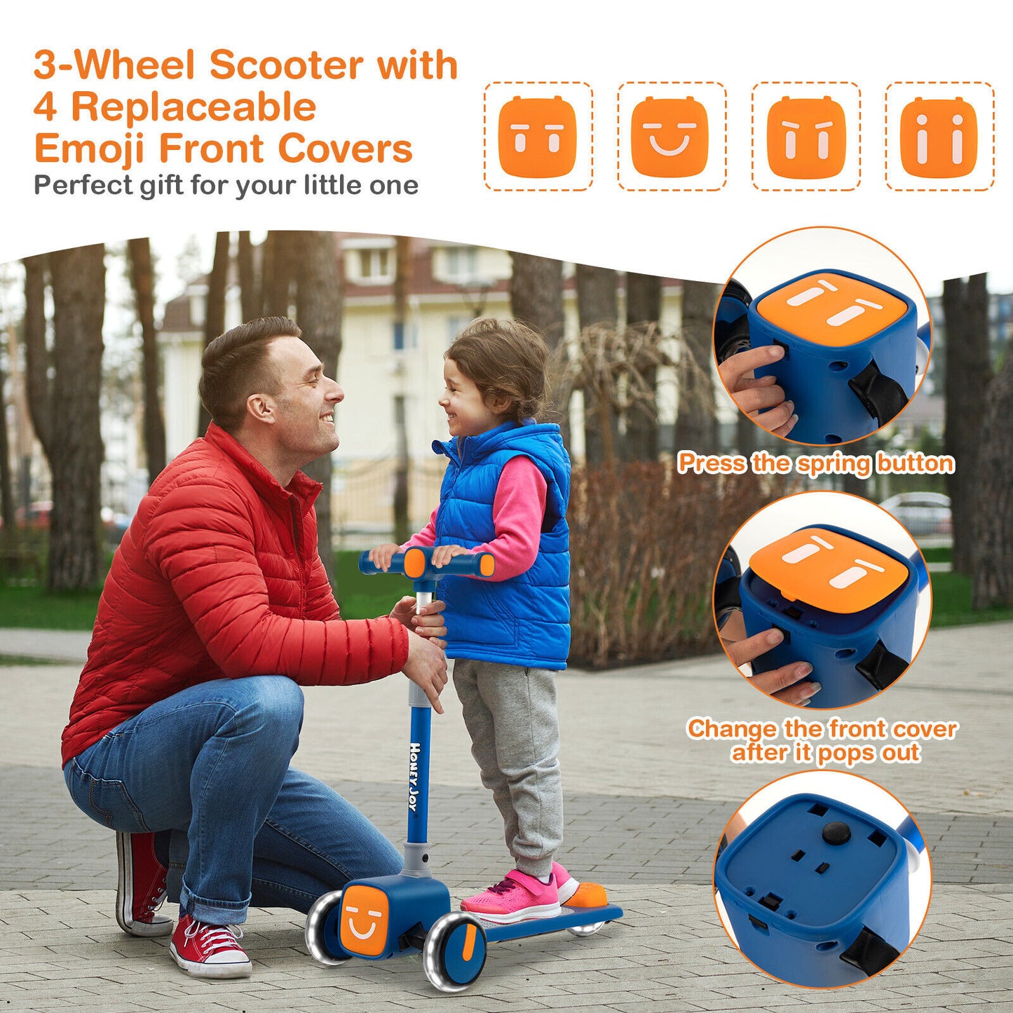 Folding Adjustable Kids Toy Scooter with LED Flashing Wheels Horn 4 Emoji Covers-Blue Kids Crystal