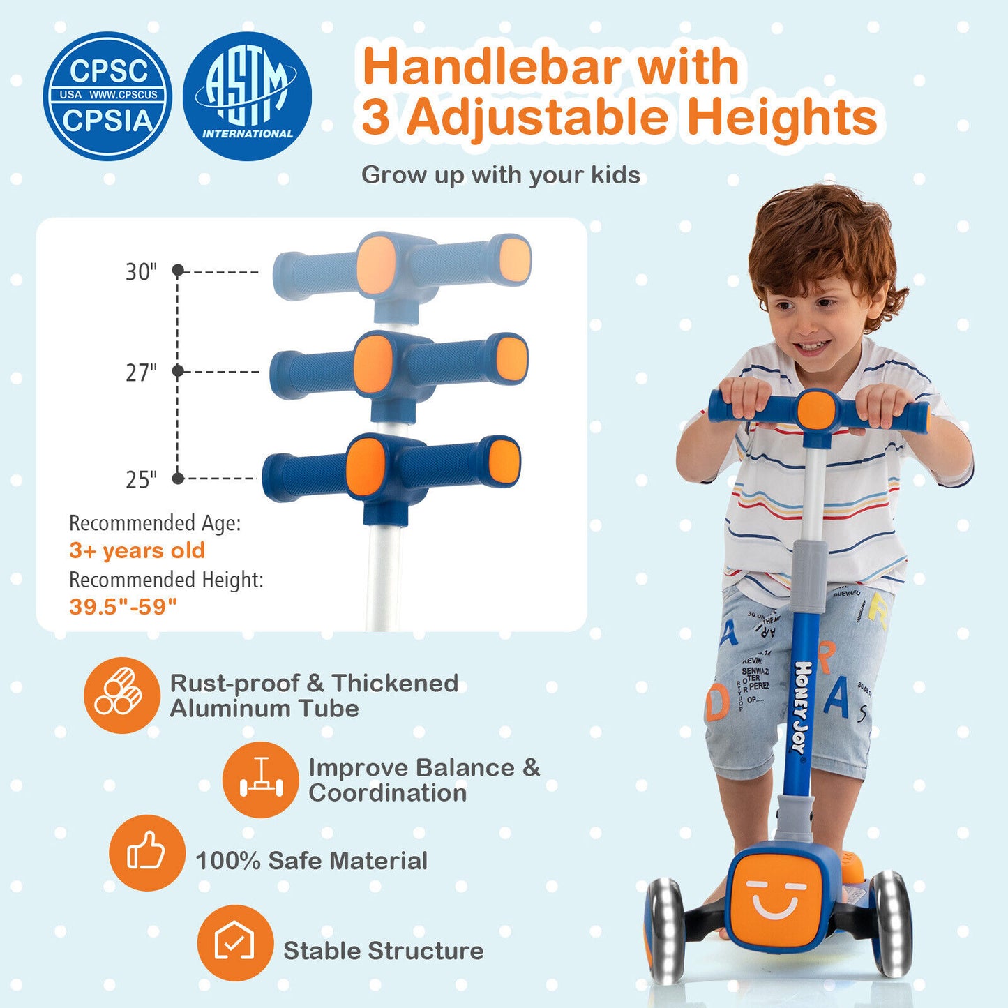 Folding Adjustable Kids Toy Scooter with LED Flashing Wheels Horn 4 Emoji Covers-Blue Kids Crystal