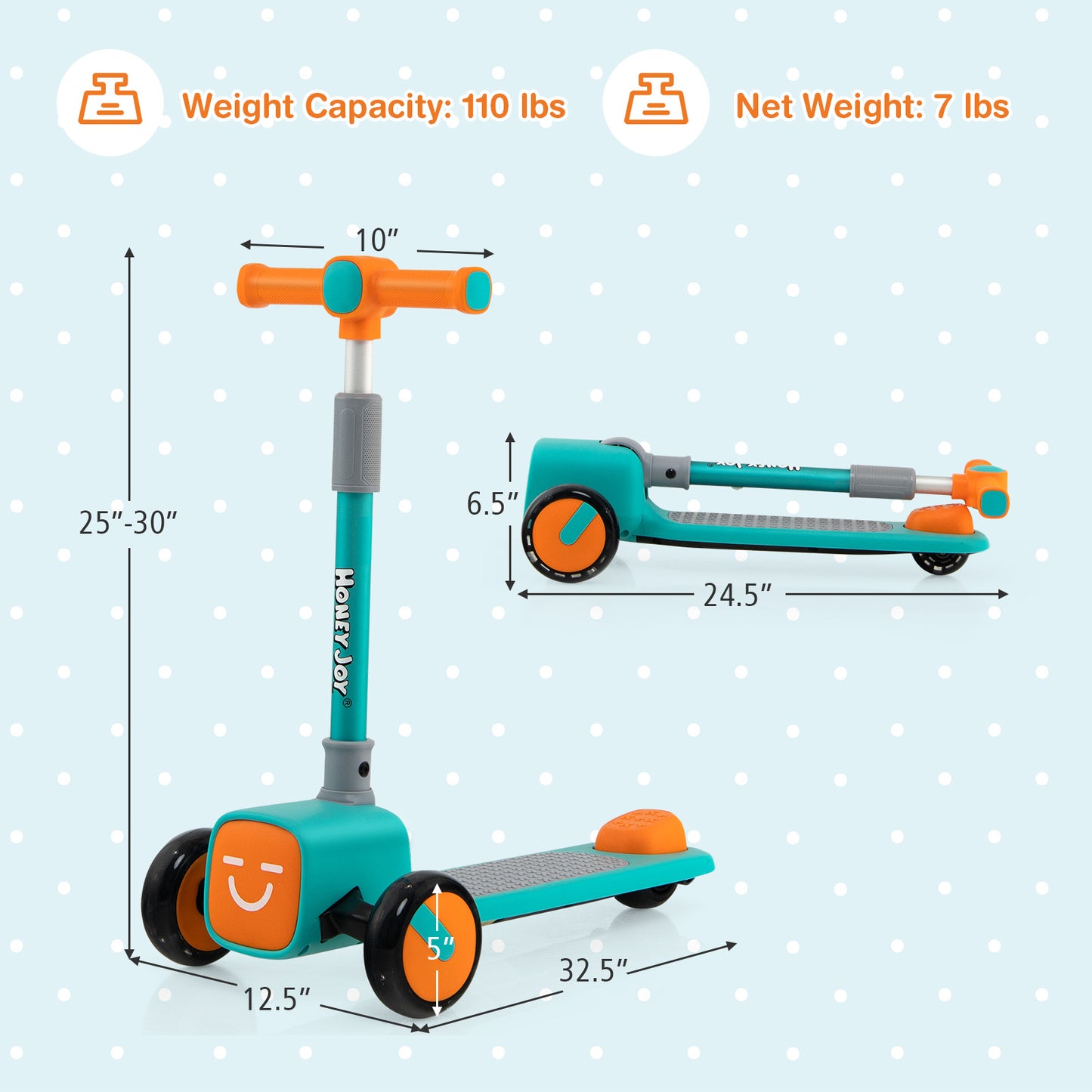 Folding Adjustable Kids Toy Scooter with LED Flashing Wheels Horn 4 Emoji Covers-Green Kids Crystal
