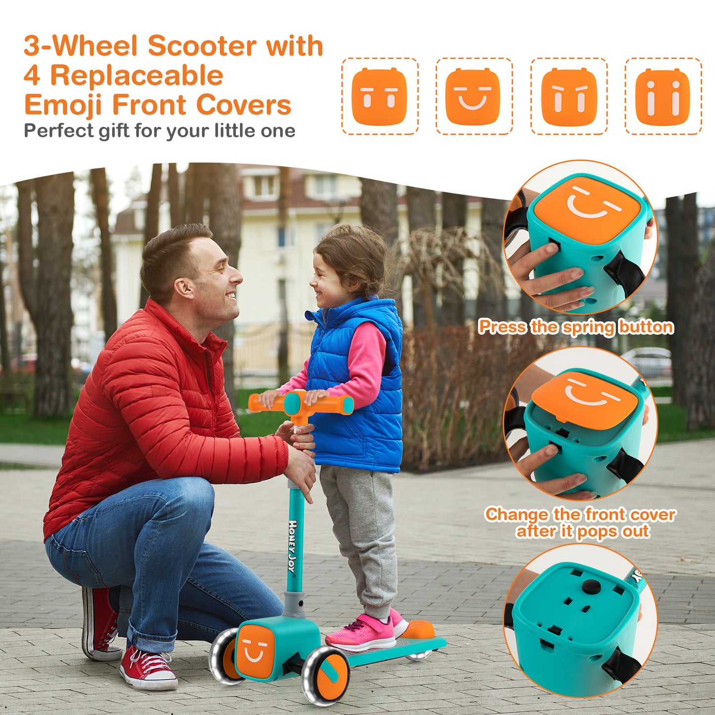 Folding Adjustable Kids Toy Scooter with LED Flashing Wheels Horn 4 Emoji Covers-Green Kids Crystal