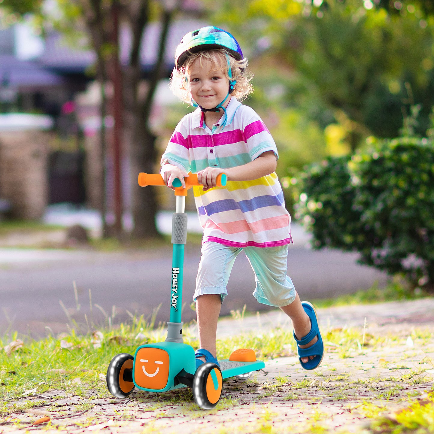 Folding Adjustable Kids Toy Scooter with LED Flashing Wheels Horn 4 Emoji Covers-Green Kids Crystal