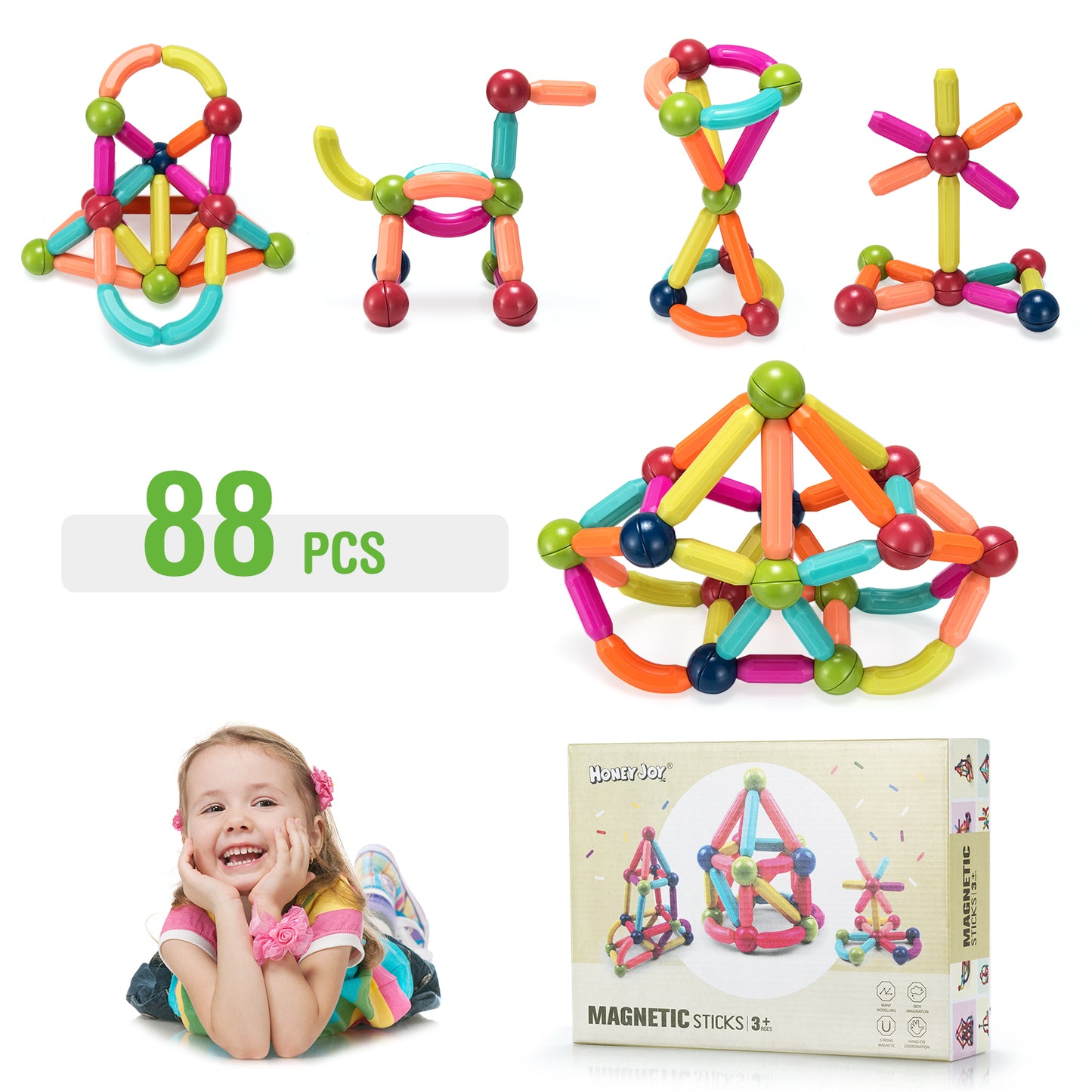 88 Pieces Magnetic Balls and Rods Set Building Blocks Set For Kids over 3 Years Kids Crystal