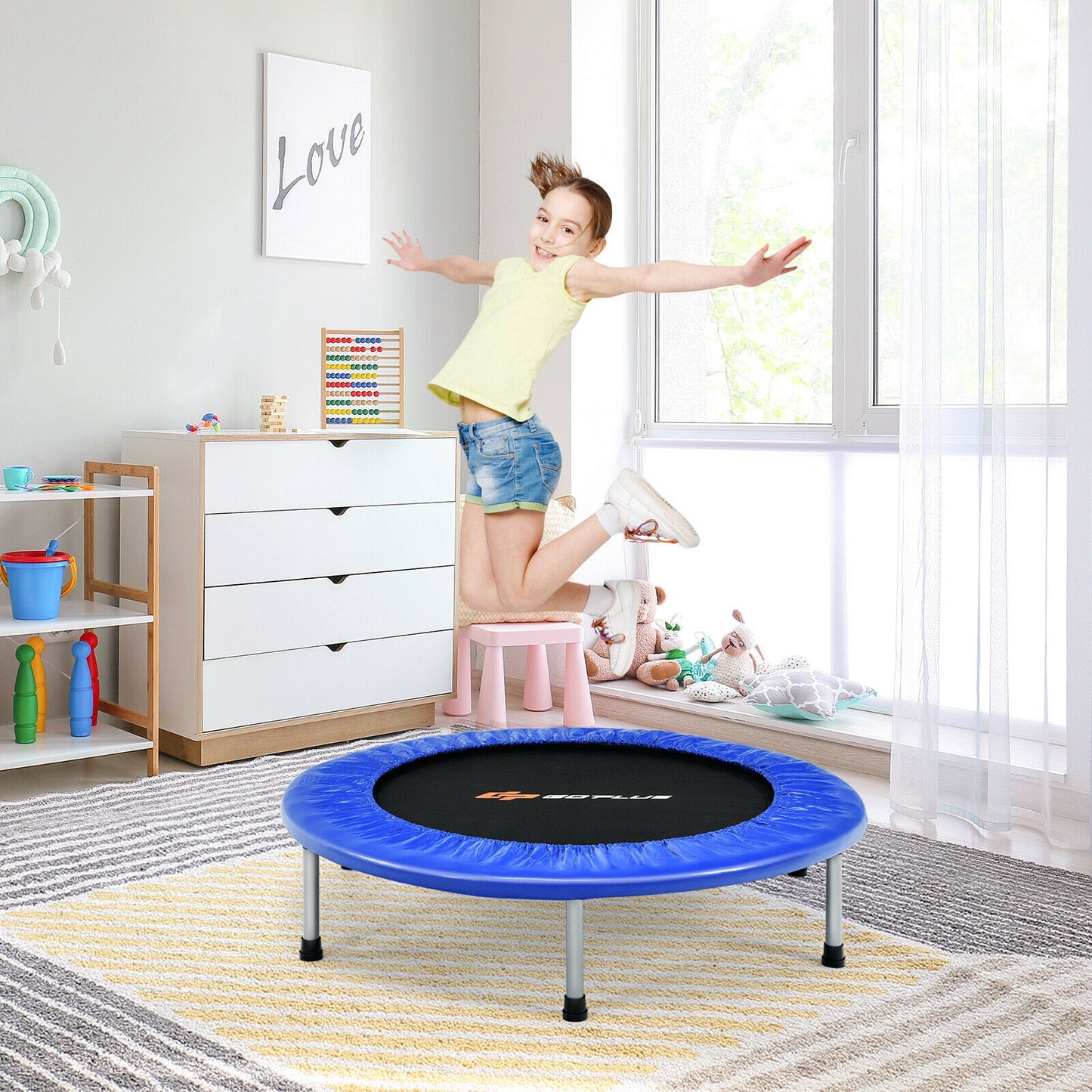 38 Inch Mini Folding Trampoline Portable Leisure Fitness Backboard-Blue Kids Crystal