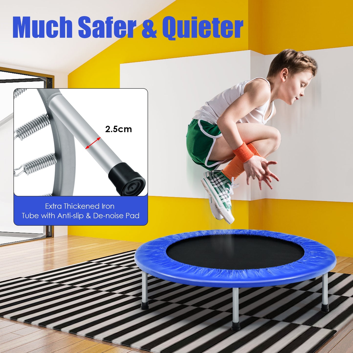 38 Inch Mini Folding Trampoline Portable Leisure Fitness Backboard-Blue Kids Crystal