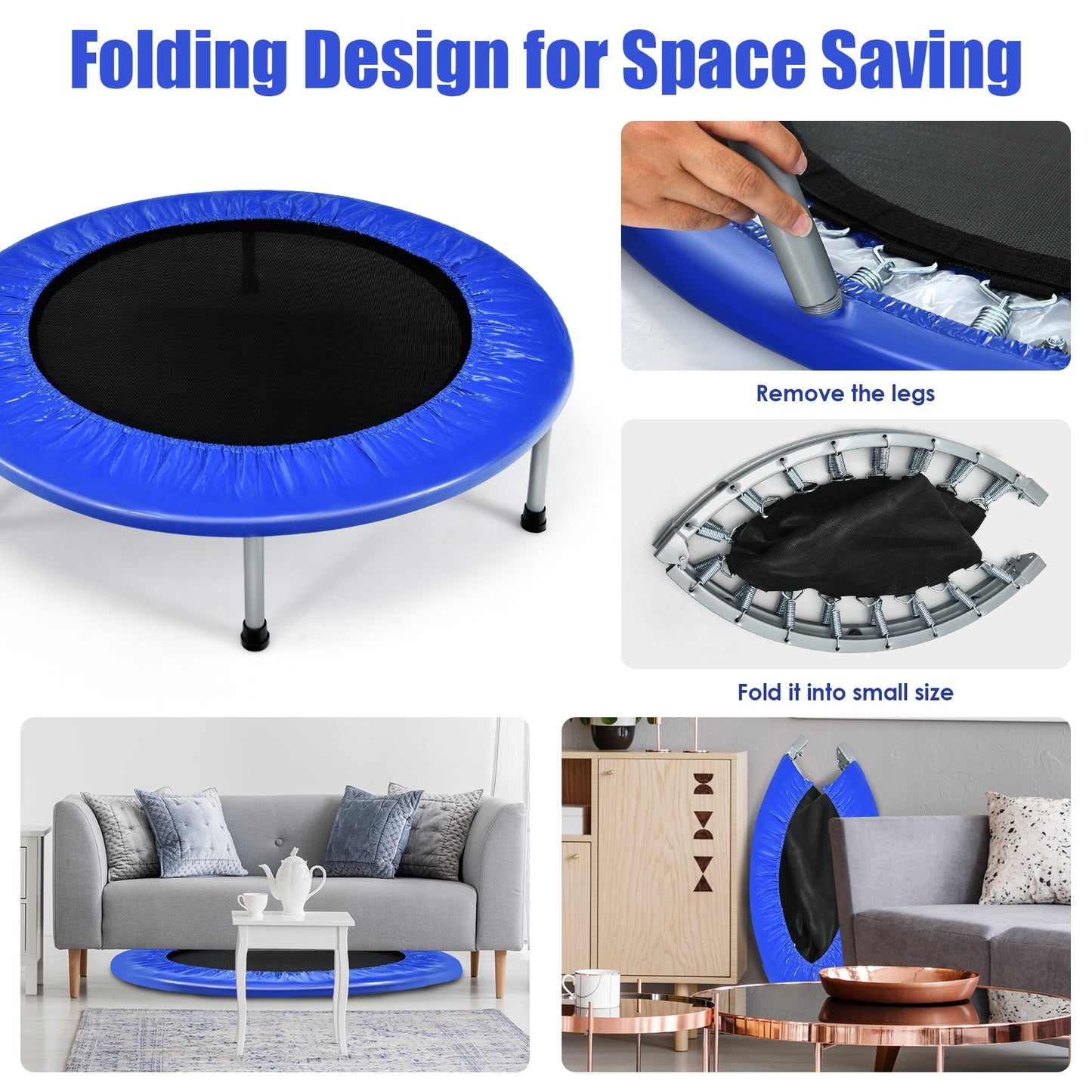 38 Inch Mini Folding Trampoline Portable Leisure Fitness Backboard-Blue Kids Crystal