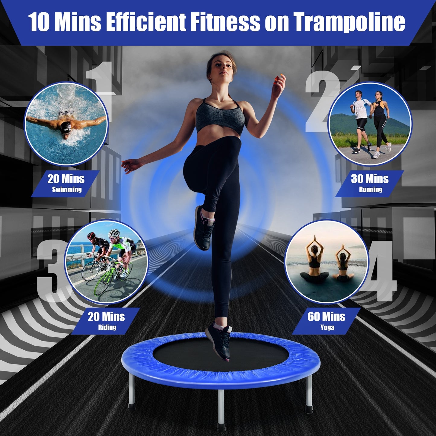 38 Inch Mini Folding Trampoline Portable Leisure Fitness Backboard-Blue Kids Crystal