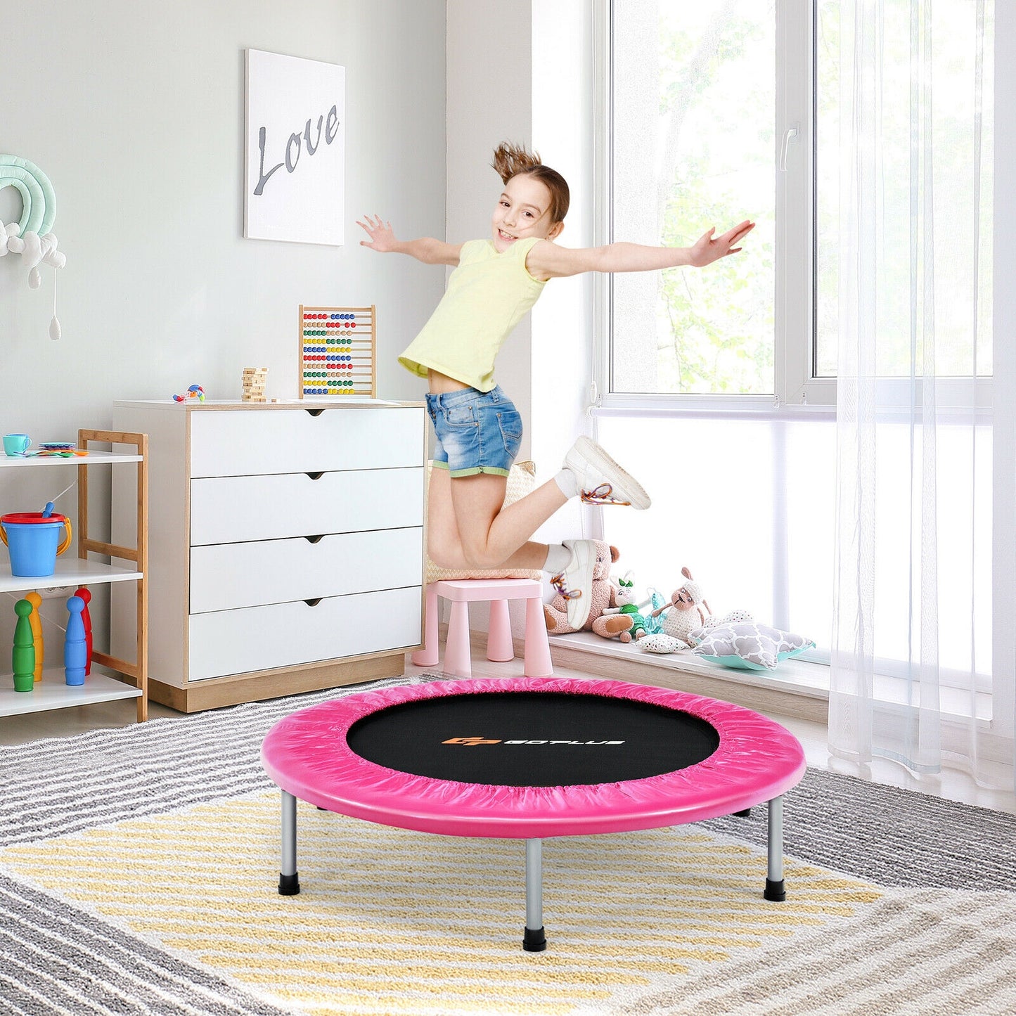 38 Inch Mini Folding Trampoline Portable Leisure Fitness Backboard-Pink Kids Crystal