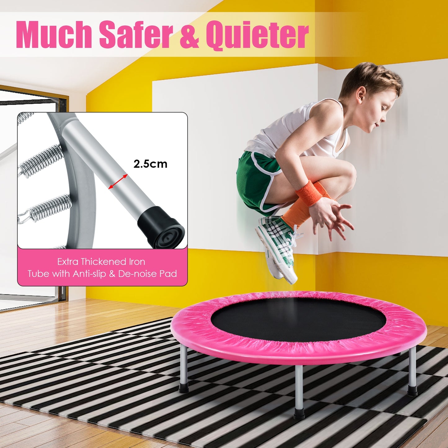 38 Inch Mini Folding Trampoline Portable Leisure Fitness Backboard-Pink Kids Crystal