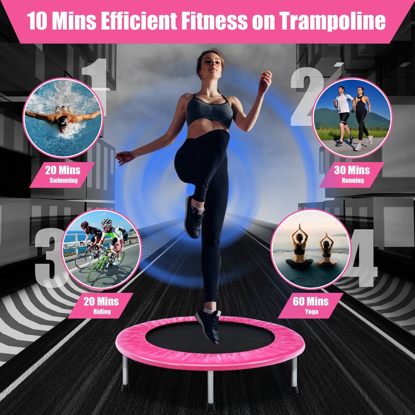 38 Inch Mini Folding Trampoline Portable Leisure Fitness Backboard-Pink Kids Crystal