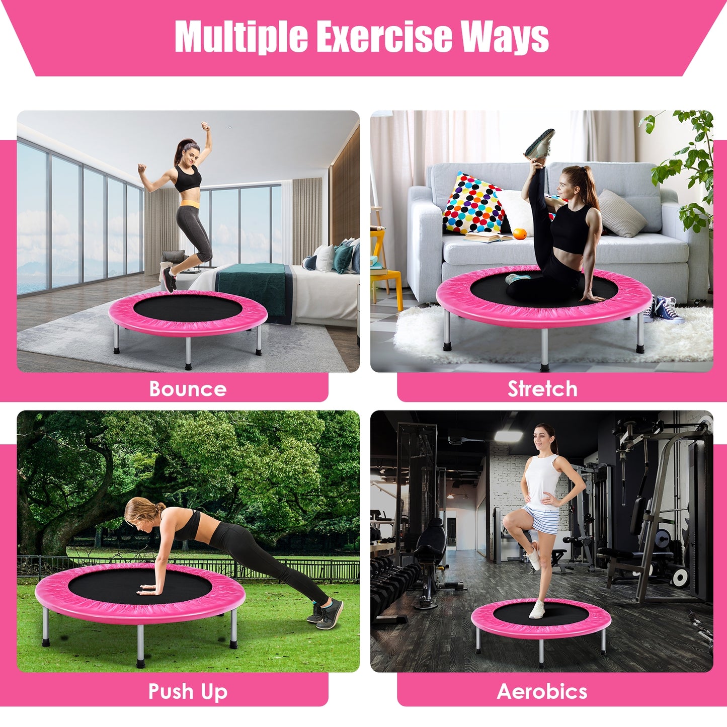 38 Inch Mini Folding Trampoline Portable Leisure Fitness Backboard-Pink Kids Crystal