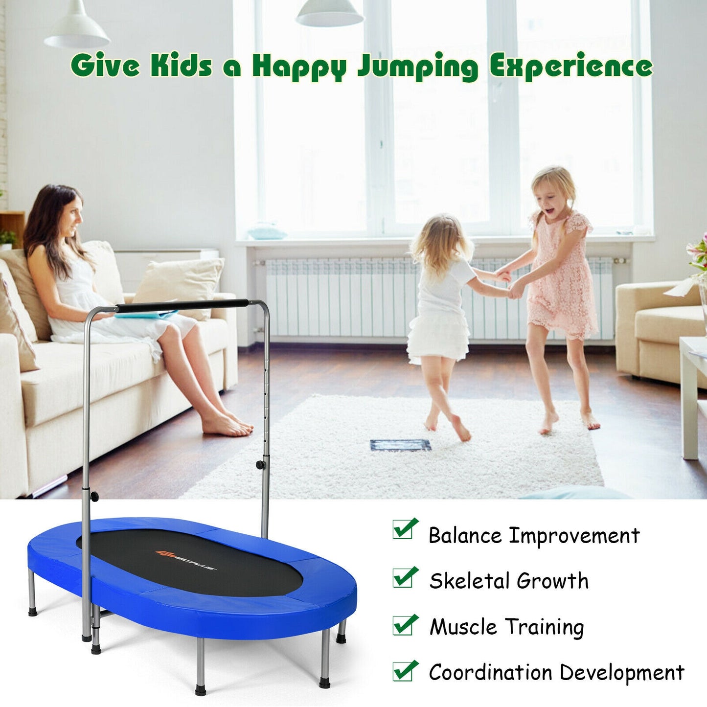 2-Person Foldable Mini Kids Fitness Rebounder Trampoline-Blue Kids Crystal
