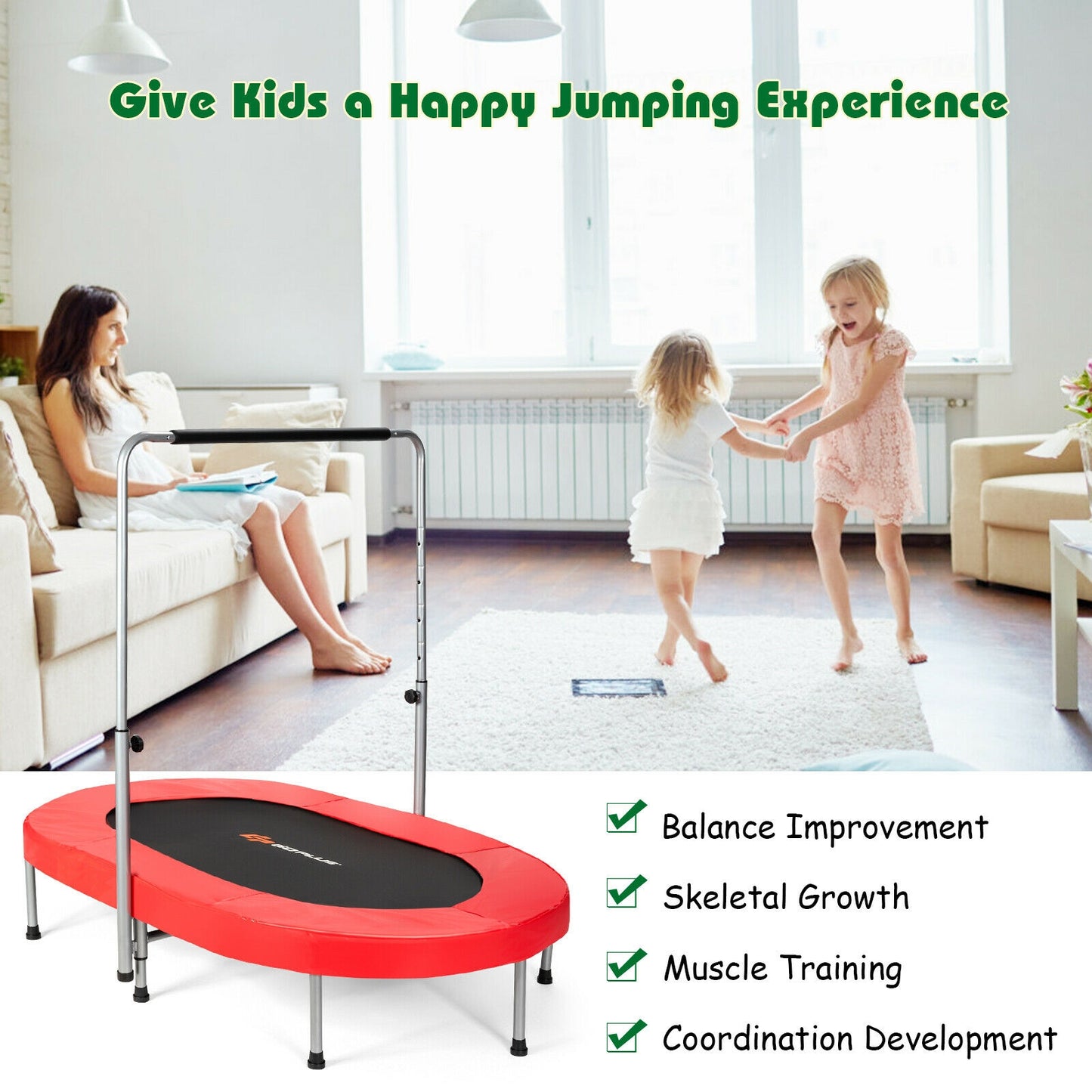 2-Person Foldable Mini Kids Fitness Rebounder Trampoline-Red Kids Crystal