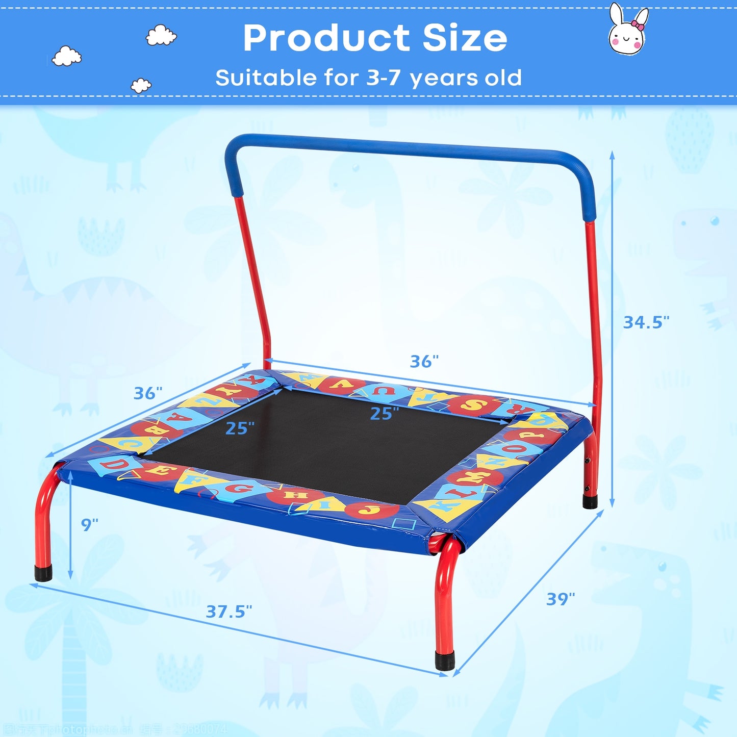 36 Inch Kids Indoor Outdoor Square Trampoline with Foamed Handrail-Blue Kids Crystal