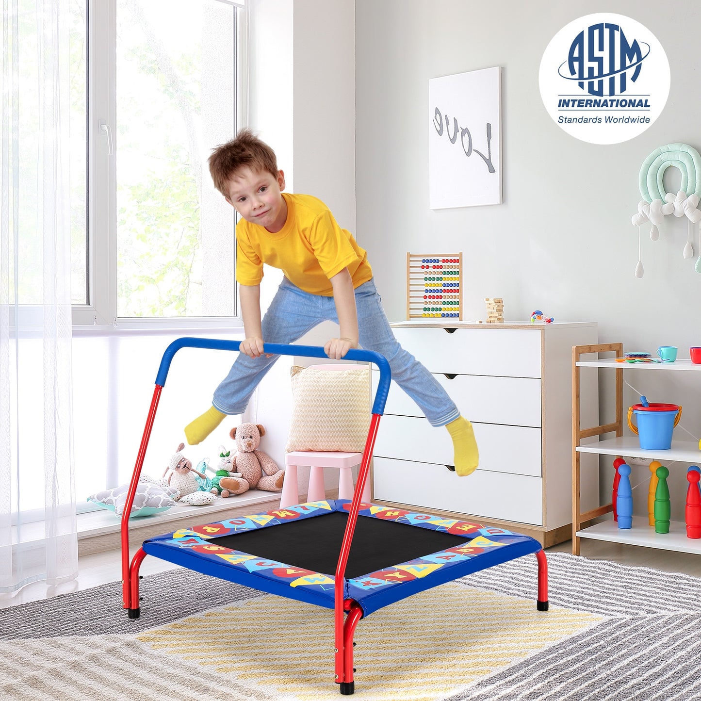 36 Inch Kids Indoor Outdoor Square Trampoline with Foamed Handrail-Blue Kids Crystal