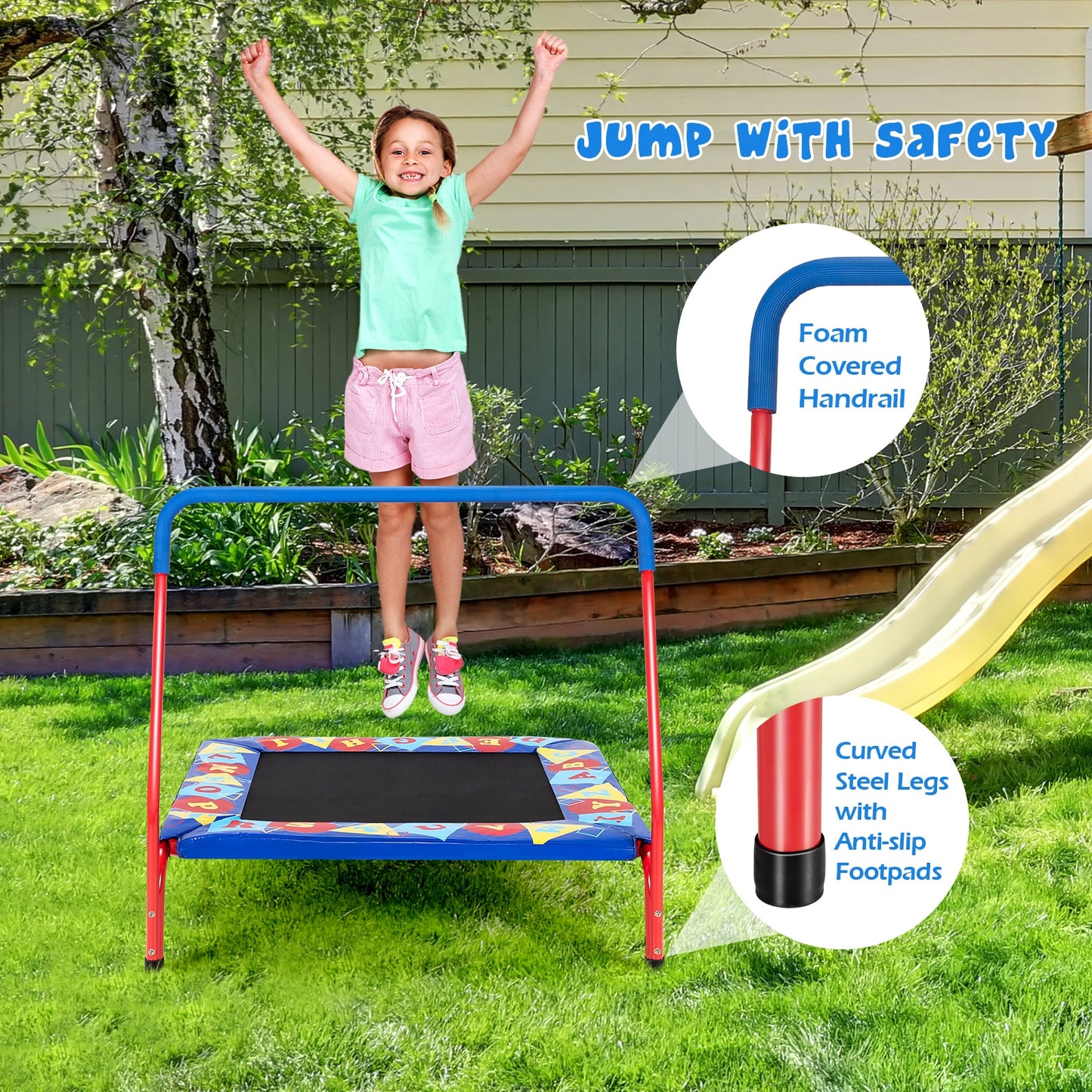 36 Inch Kids Indoor Outdoor Square Trampoline with Foamed Handrail-Blue Kids Crystal