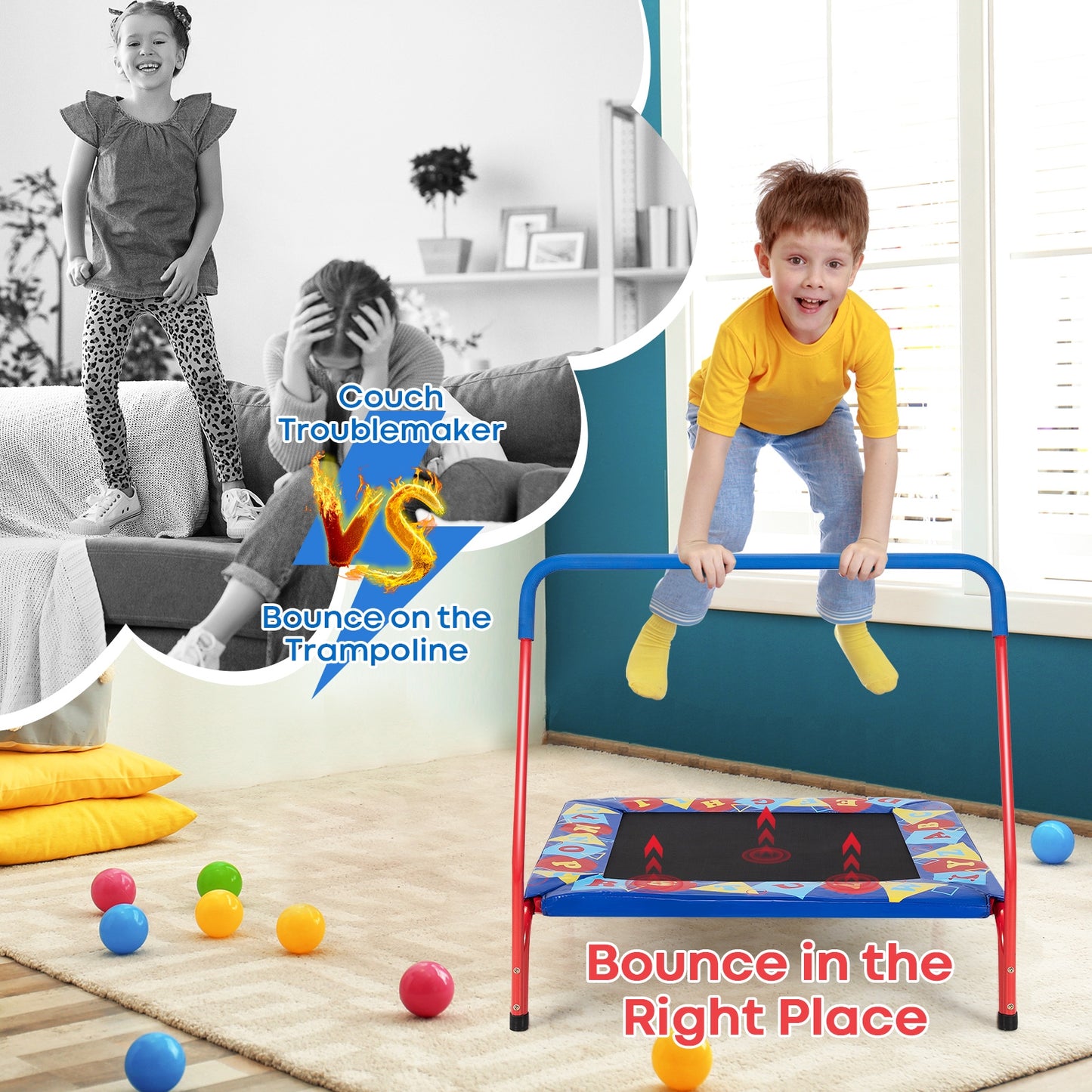 36 Inch Kids Indoor Outdoor Square Trampoline with Foamed Handrail-Blue Kids Crystal