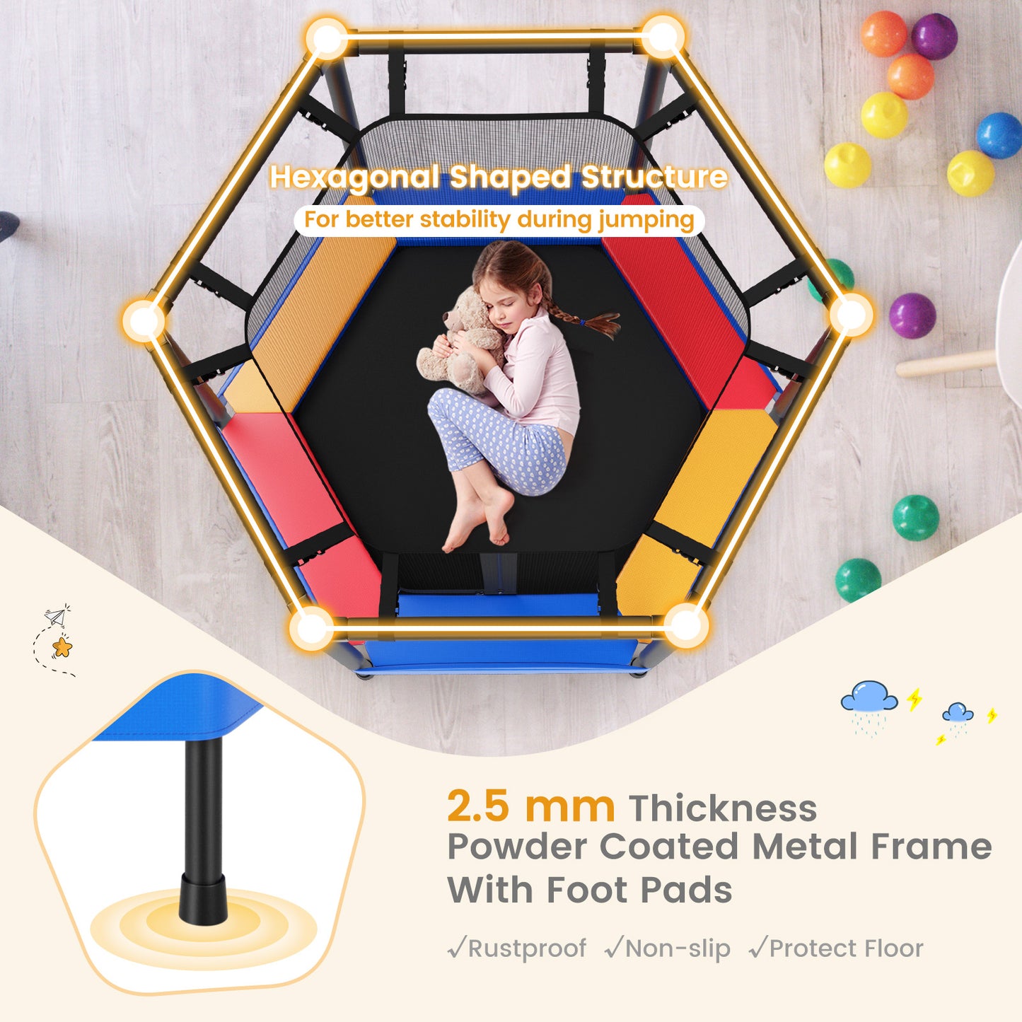 48 Inches Hexagonal Kids Trampoline With Foam Padded Handrails Kids Crystal