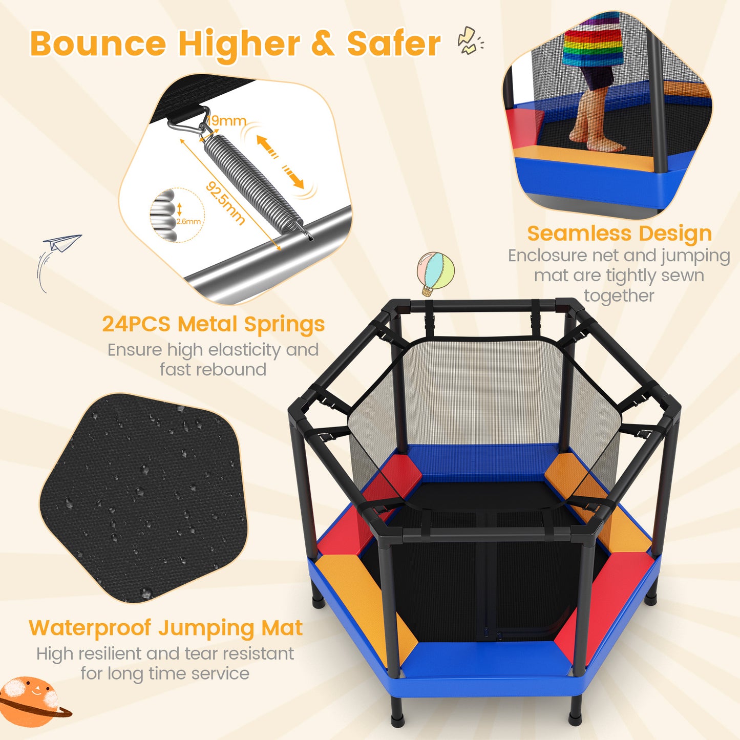 48 Inches Hexagonal Kids Trampoline With Foam Padded Handrails Kids Crystal