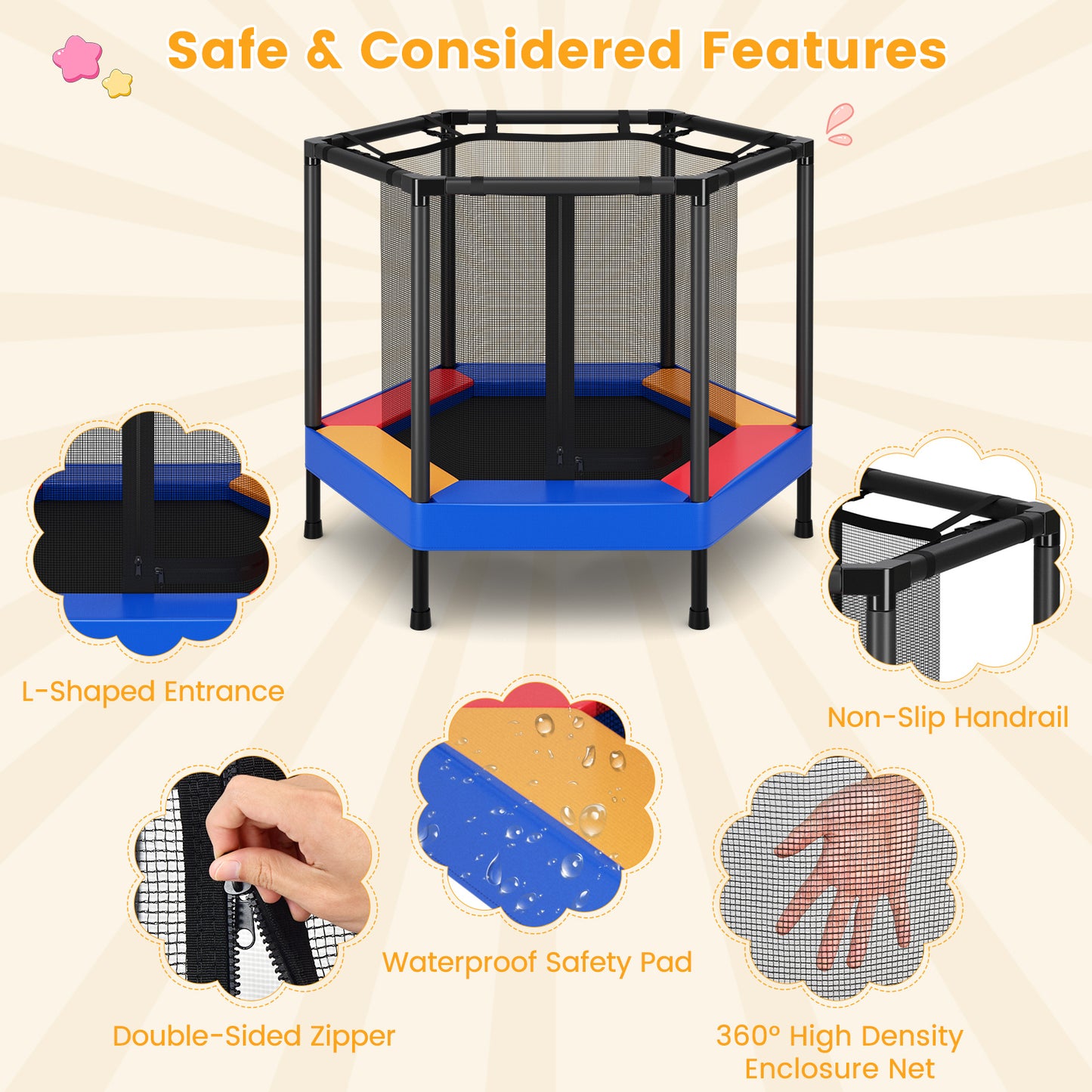 48 Inches Hexagonal Kids Trampoline With Foam Padded Handrails Kids Crystal