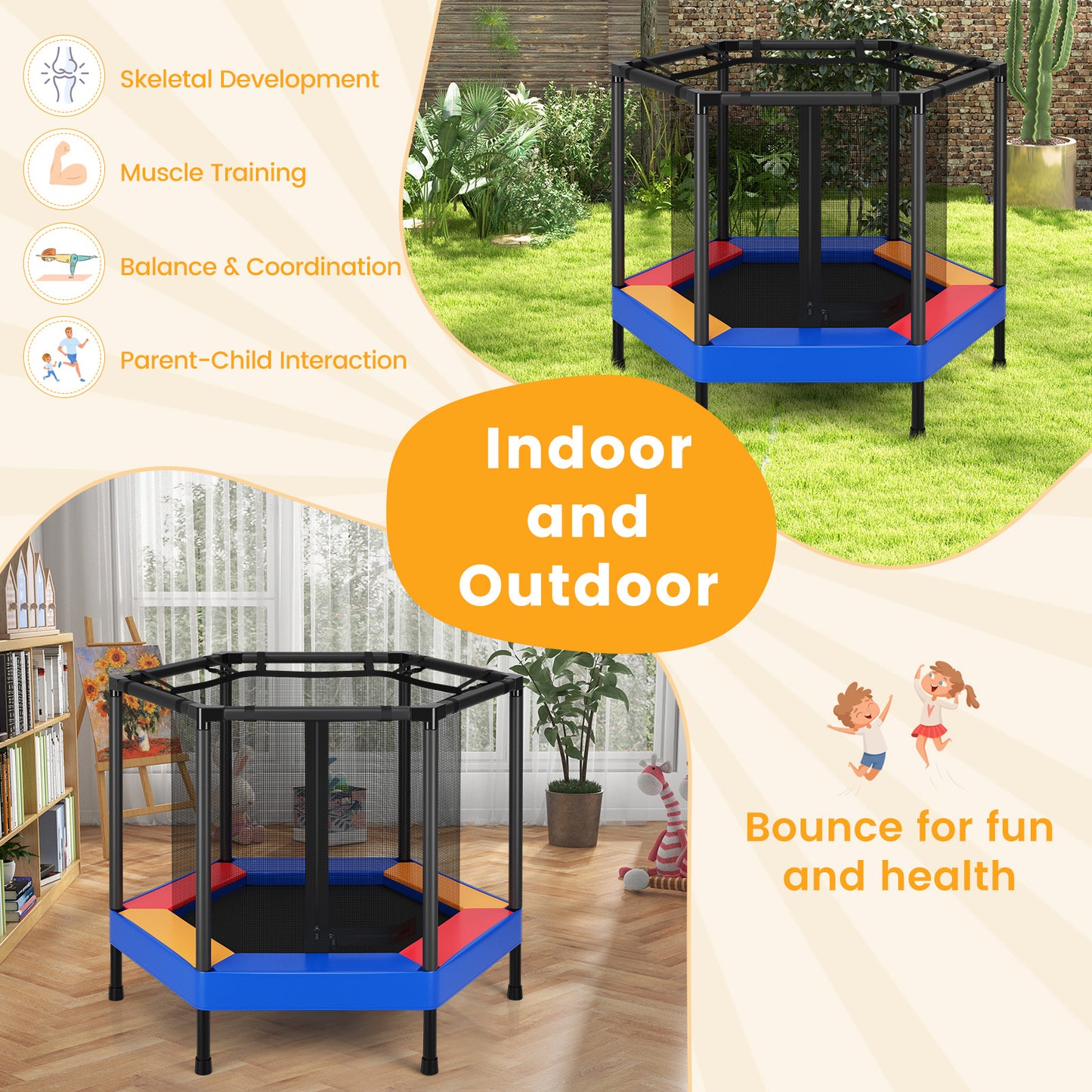 48 Inches Hexagonal Kids Trampoline With Foam Padded Handrails Kids Crystal
