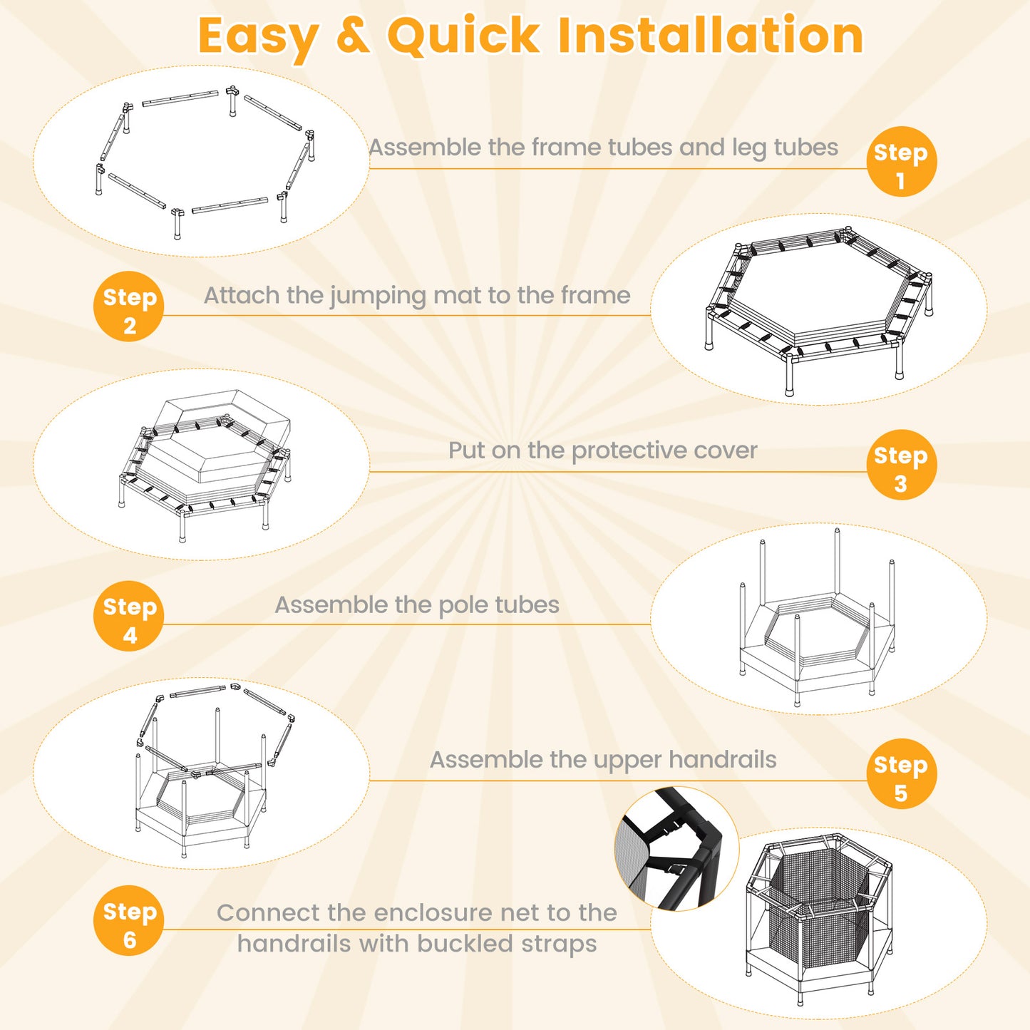 48 Inches Hexagonal Kids Trampoline With Foam Padded Handrails Kids Crystal