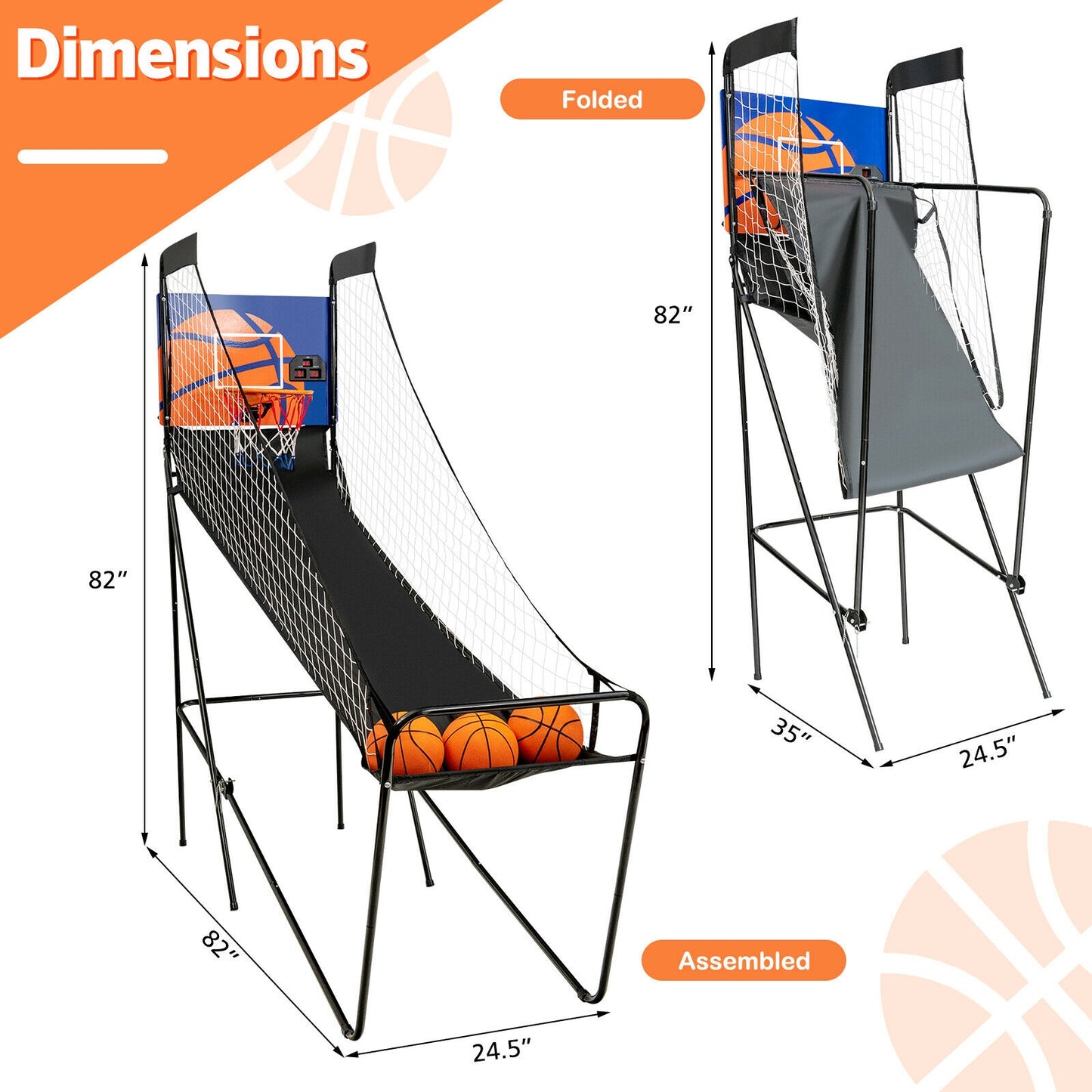 Foldable Single Shot Basketball Arcade Game with Electronic Scorer and Basketballs Kids Crystal