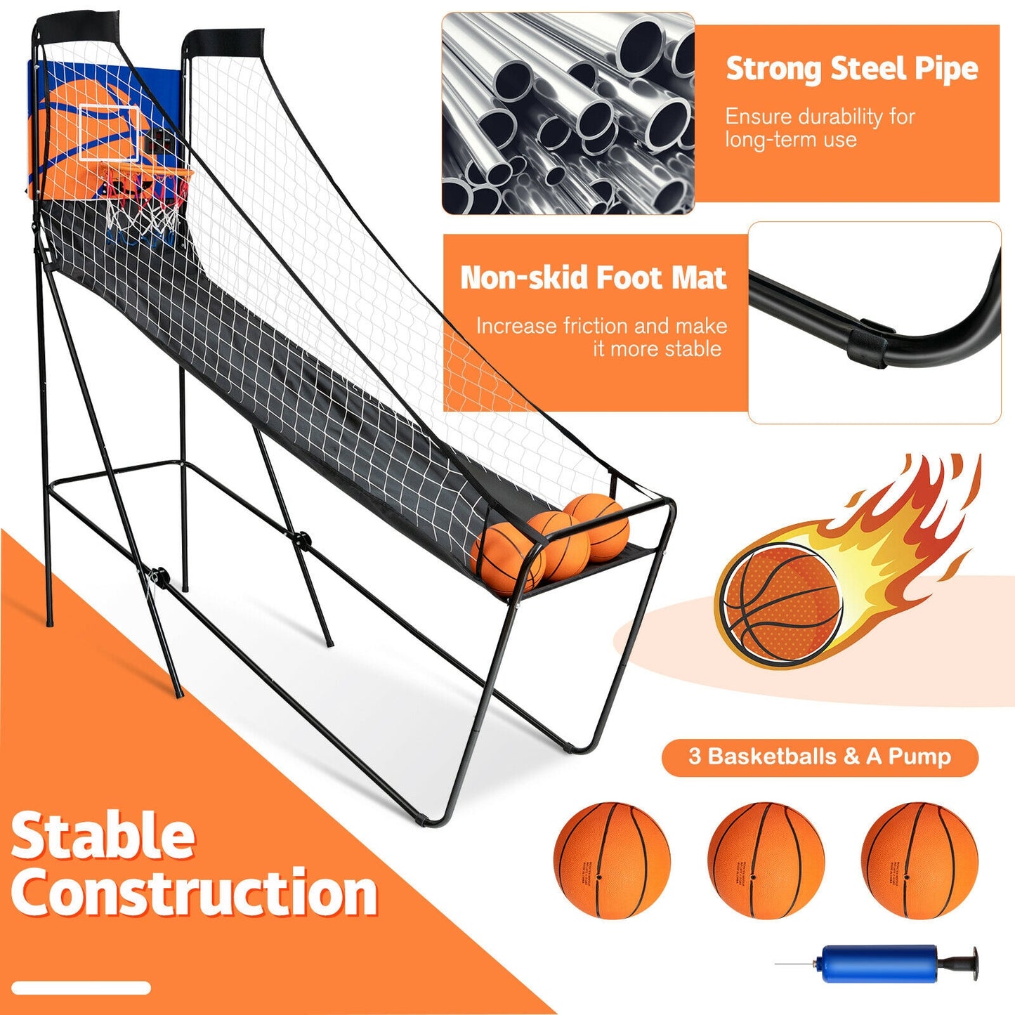 Foldable Single Shot Basketball Arcade Game with Electronic Scorer and Basketballs Kids Crystal