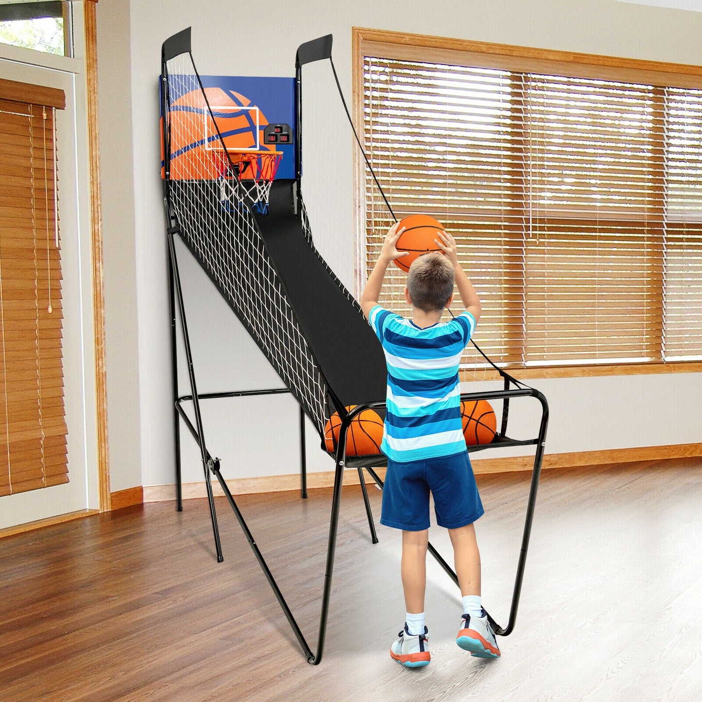 Foldable Single Shot Basketball Arcade Game with Electronic Scorer and Basketballs Kids Crystal