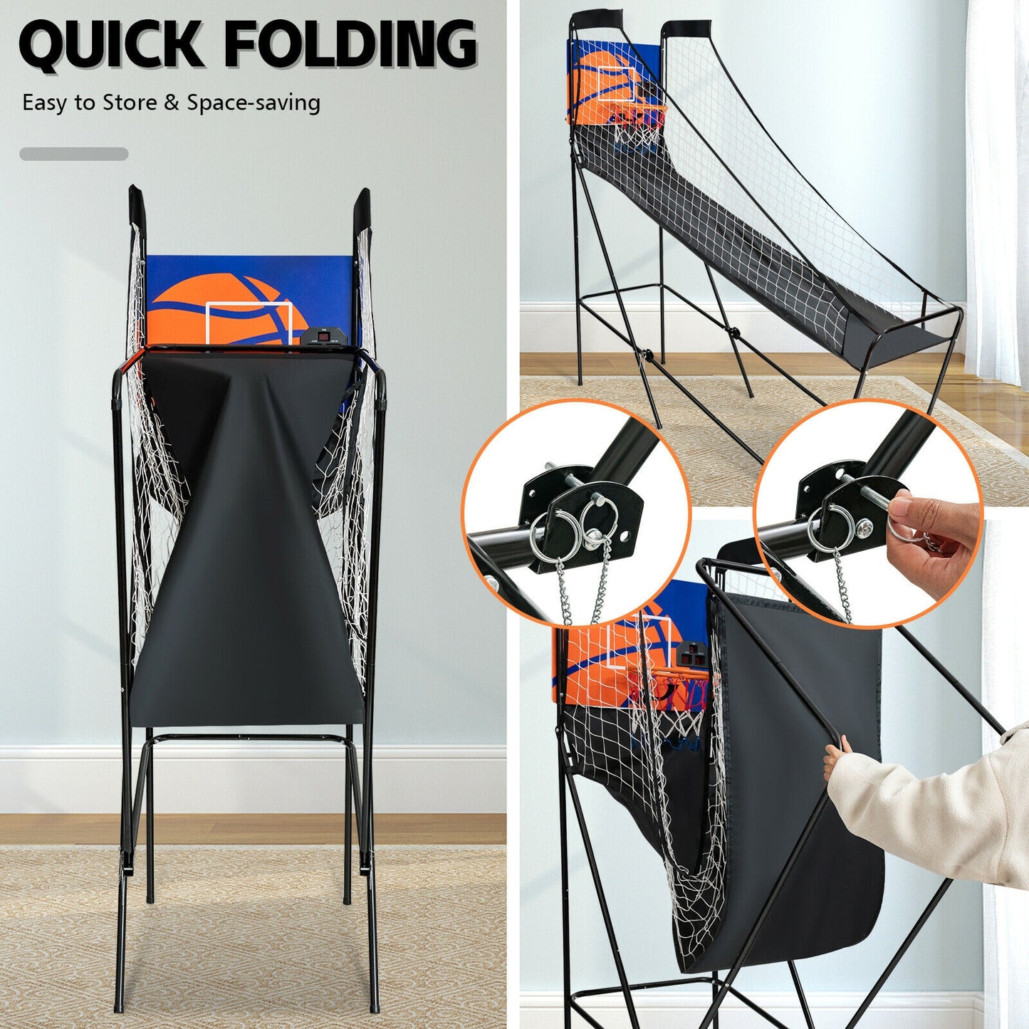 Foldable Single Shot Basketball Arcade Game with Electronic Scorer and Basketballs Kids Crystal