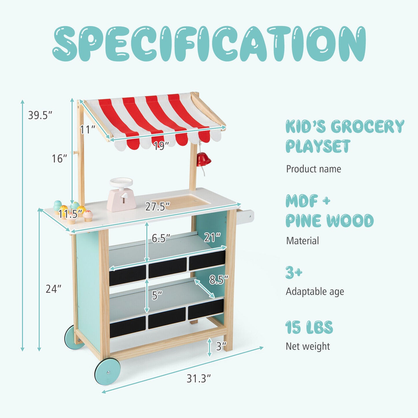 Kids Wooden Ice Cream Cart with Chalkboard and Storage Kids Crystal