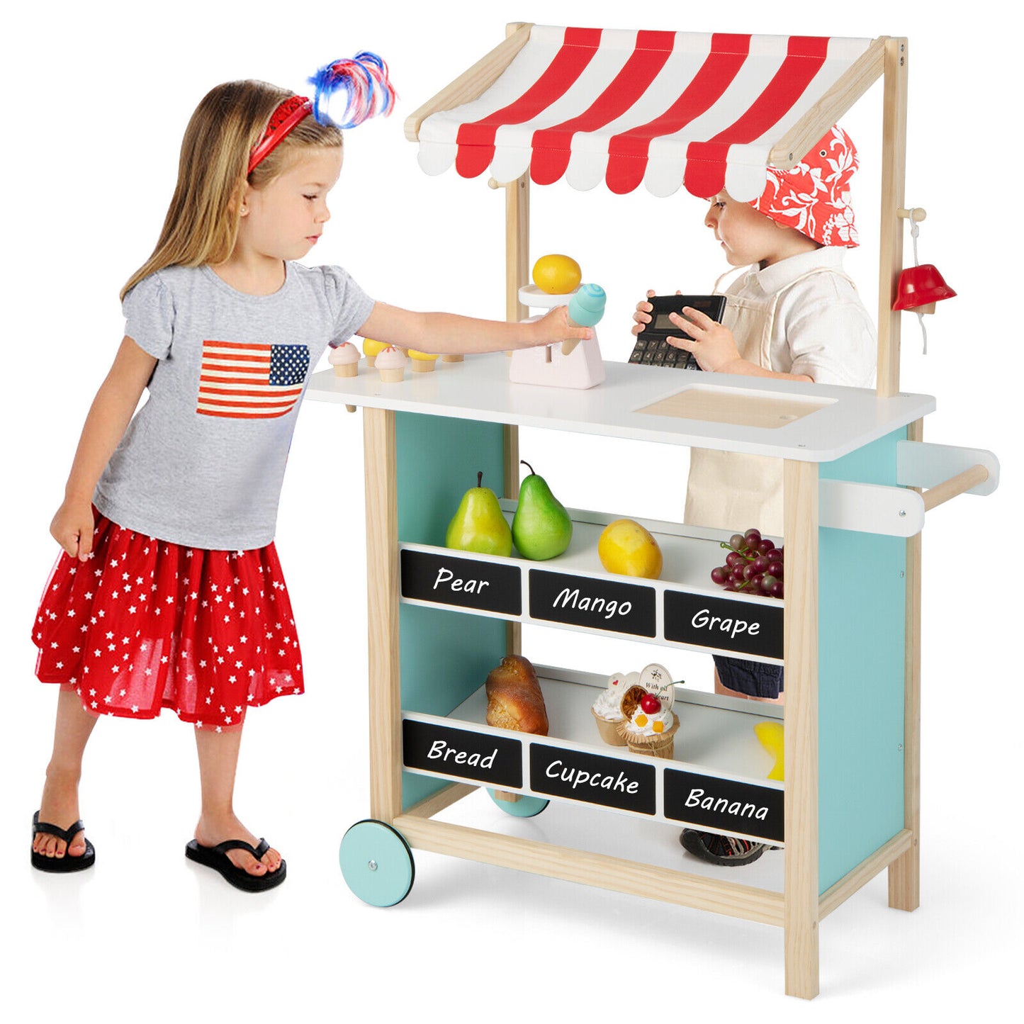 Kids Wooden Ice Cream Cart with Chalkboard and Storage Kids Crystal