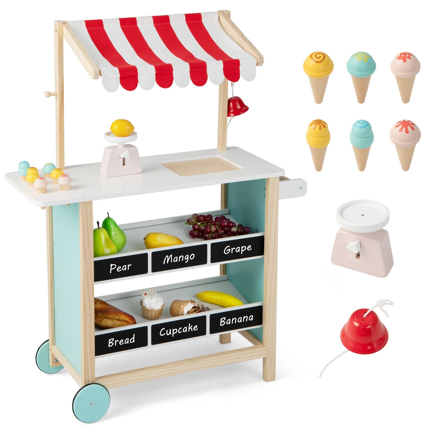 Kids Wooden Ice Cream Cart with Chalkboard and Storage Kids Crystal