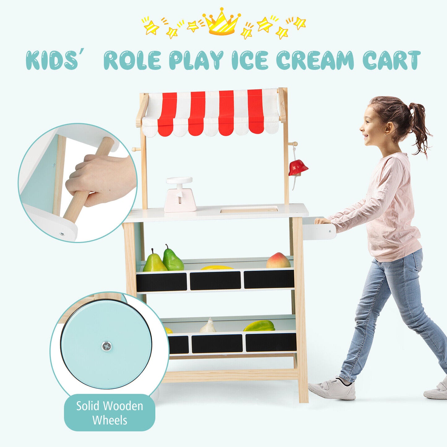 Kids Wooden Ice Cream Cart with Chalkboard and Storage Kids Crystal
