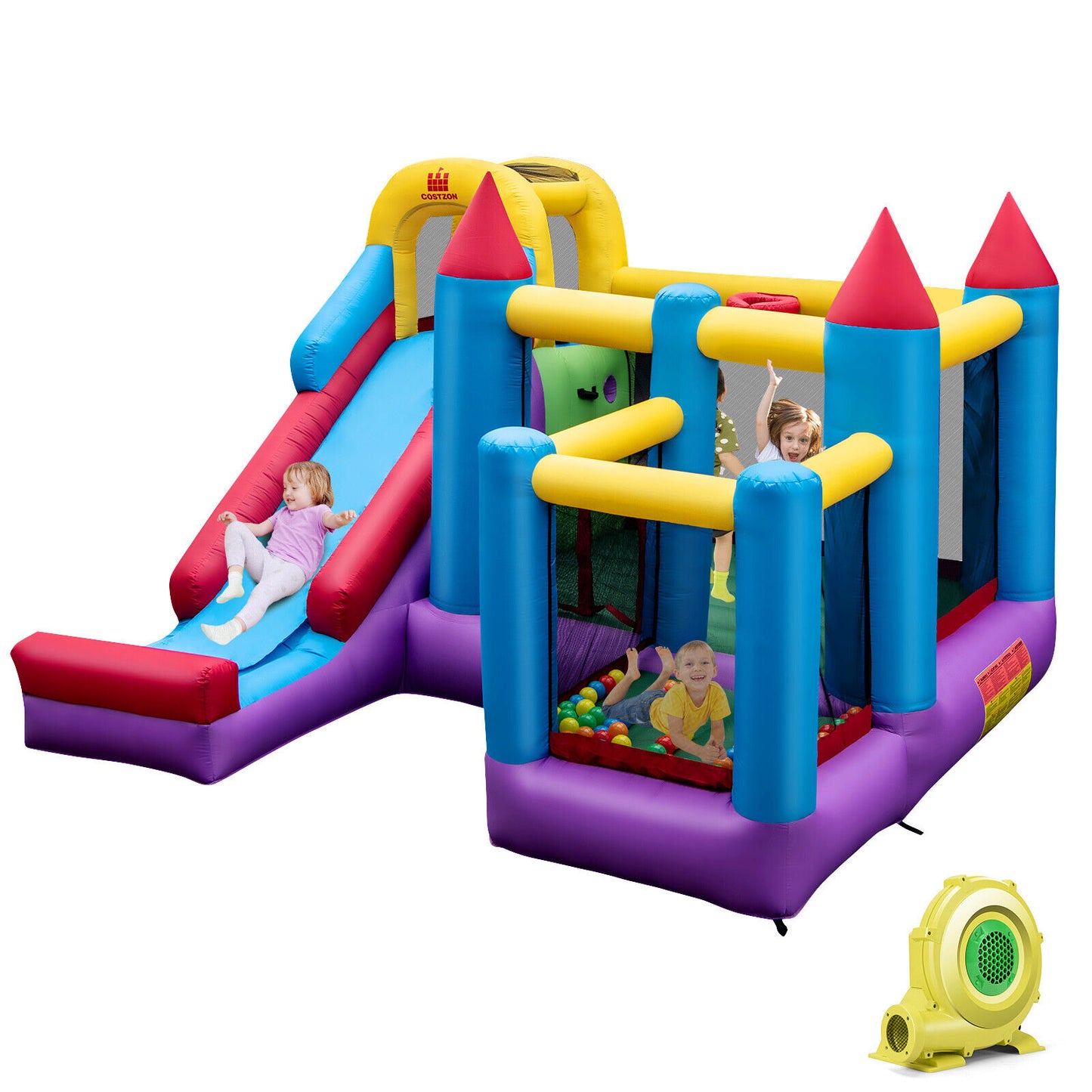 5-in-1 Inflatable Bounce House with 735W Blower and 50 Ocean Balls Kids Crystal