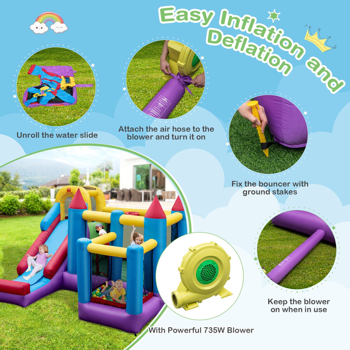 5-in-1 Inflatable Bounce House with 735W Blower and 50 Ocean Balls Kids Crystal