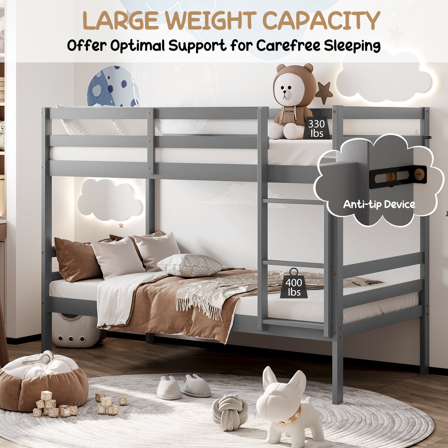 Twin Size Sturdy Wooden Bunk Beds with Ladder and Safety Rail-Gray Kids Crystal
