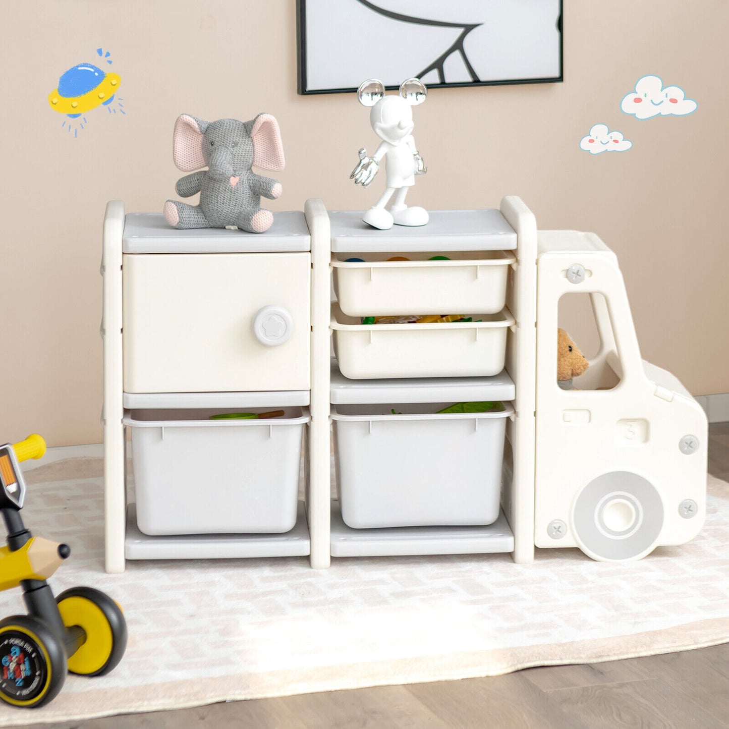 Toddler Truck Storage Organizer with Plastic Bins-Beige Kids Crystal