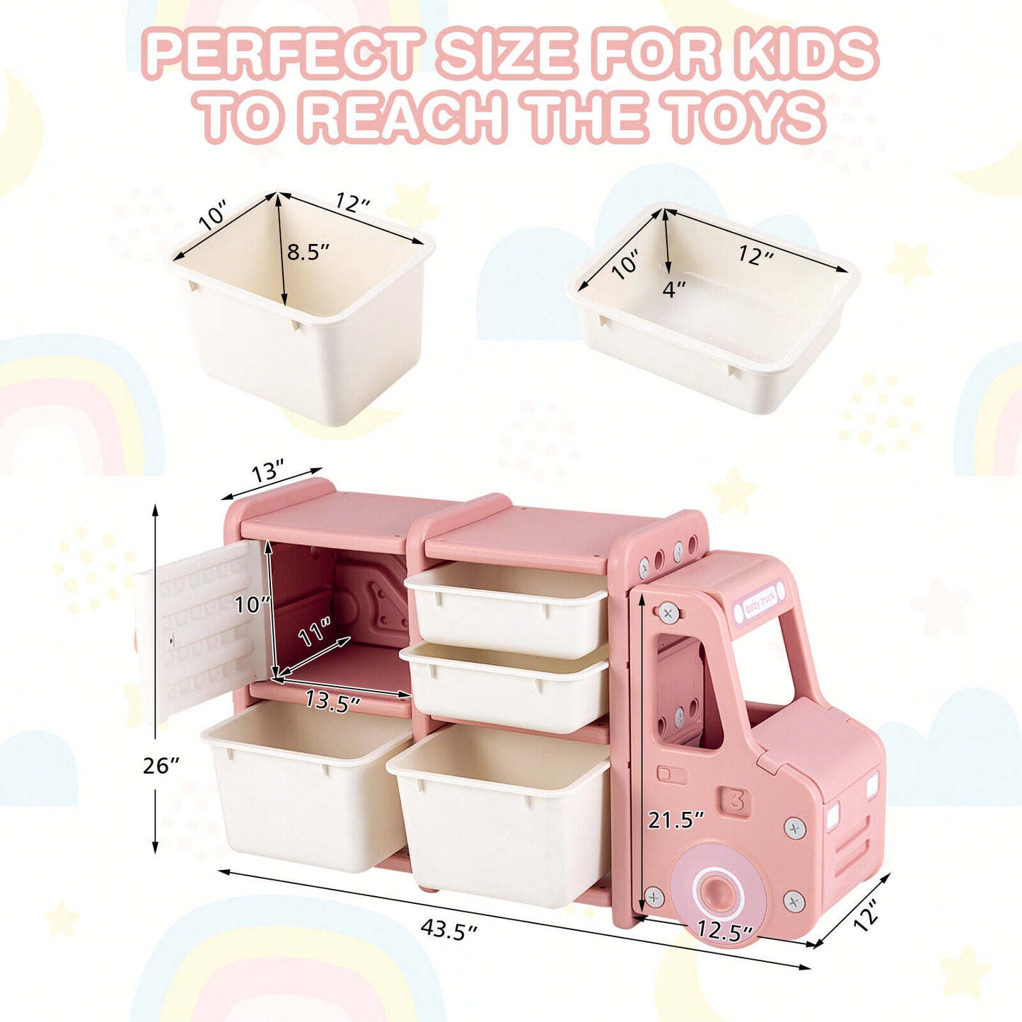 Toddler Truck Storage Organizer with Plastic Bins-Pink Kids Crystal