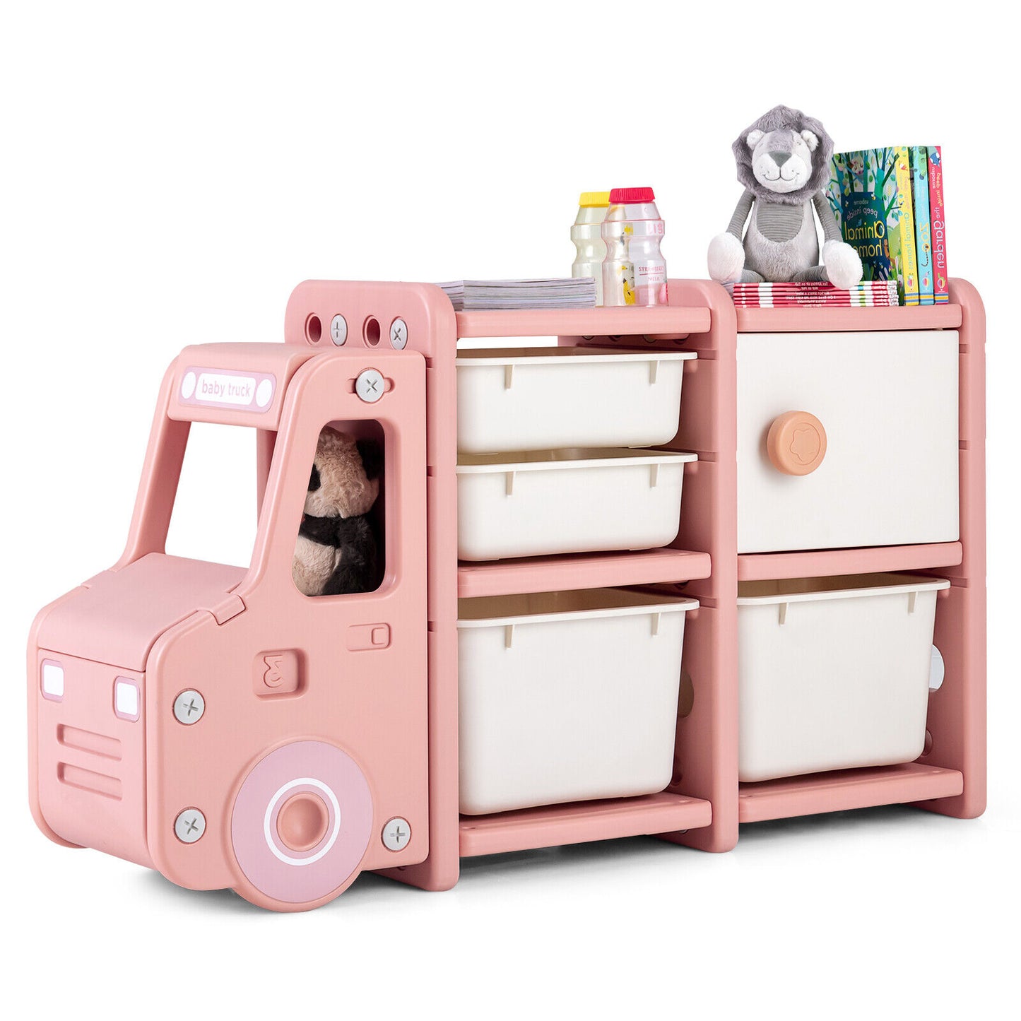 Toddler Truck Storage Organizer with Plastic Bins-Pink Kids Crystal