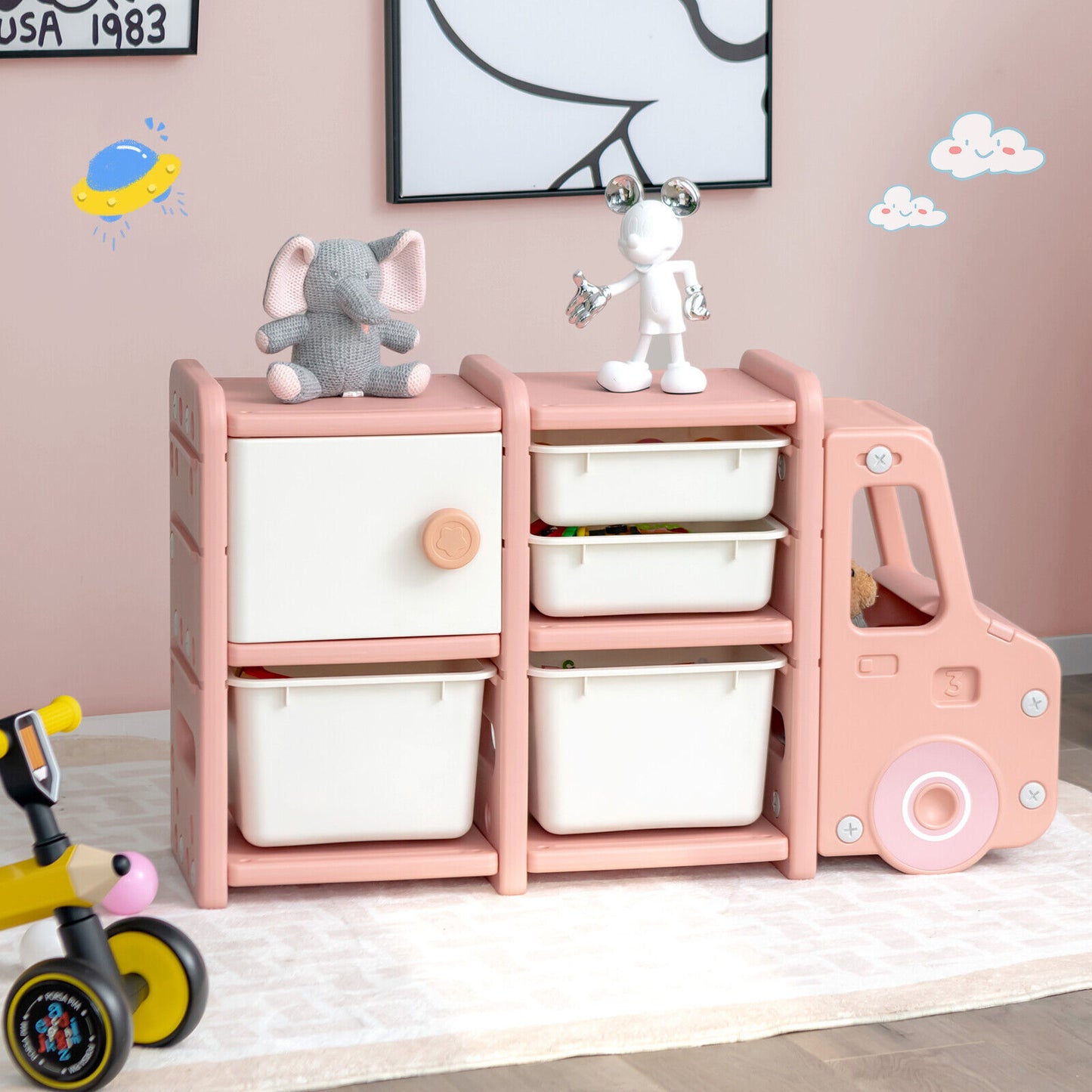Toddler Truck Storage Organizer with Plastic Bins-Pink Kids Crystal