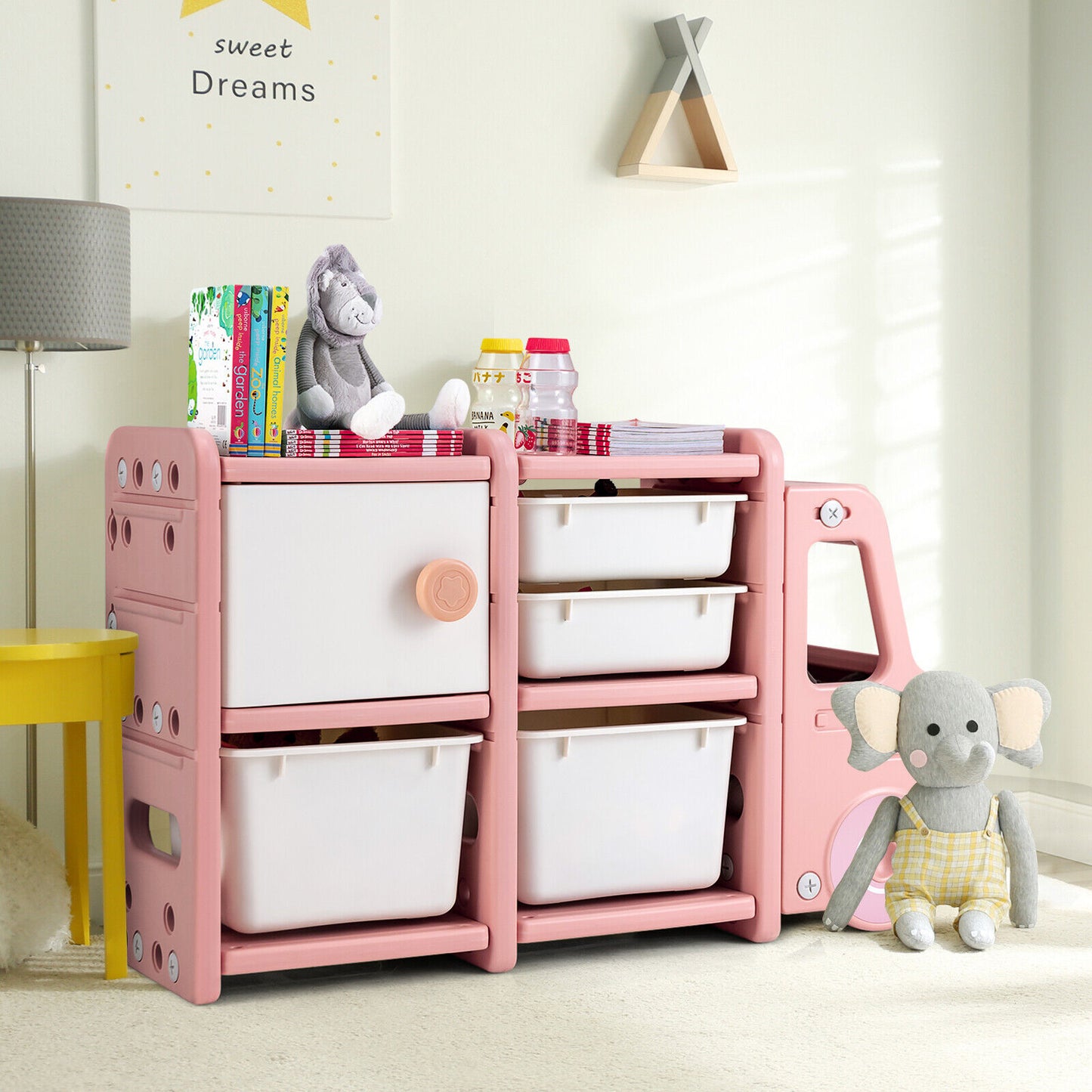 Toddler Truck Storage Organizer with Plastic Bins-Pink Kids Crystal