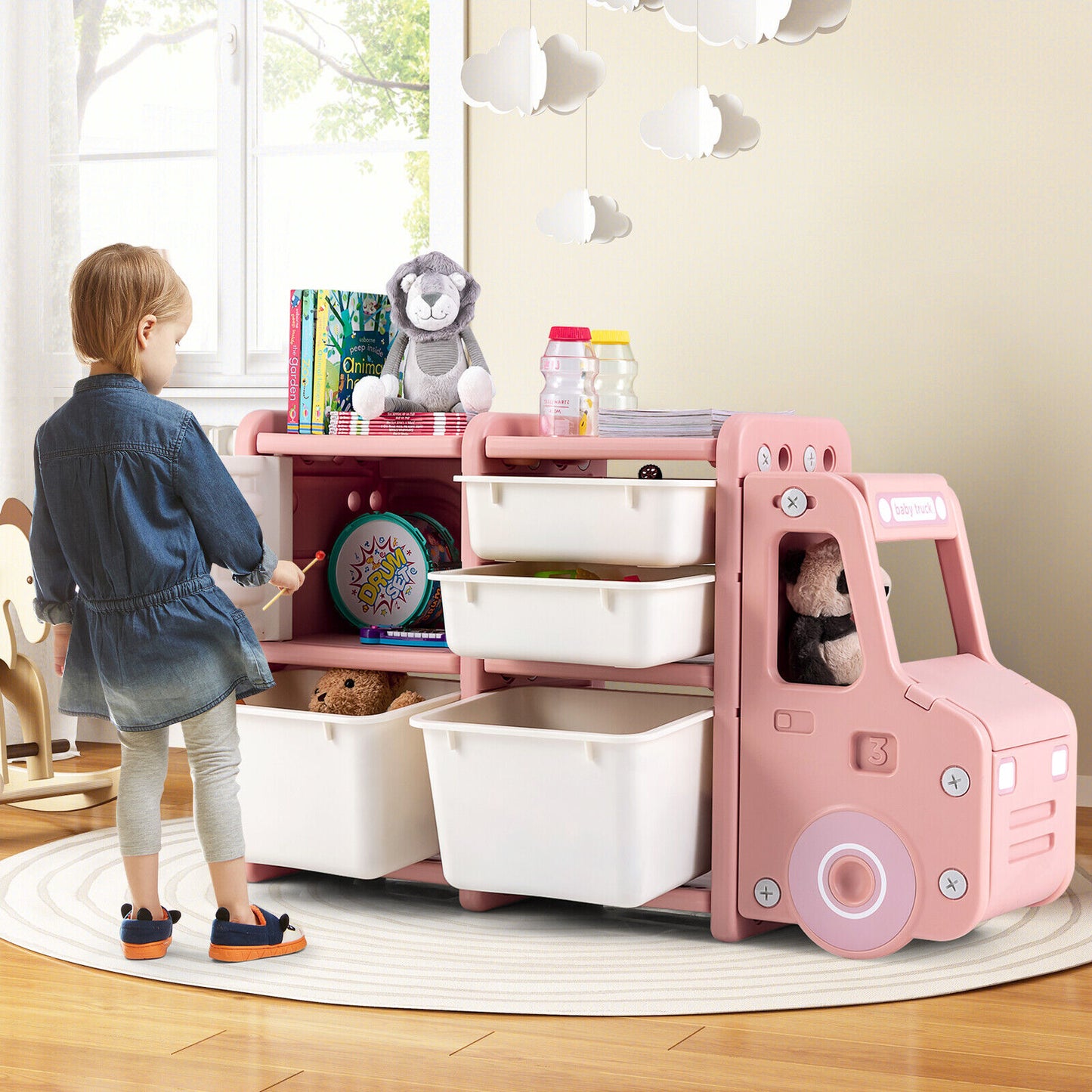 Toddler Truck Storage Organizer with Plastic Bins-Pink Kids Crystal