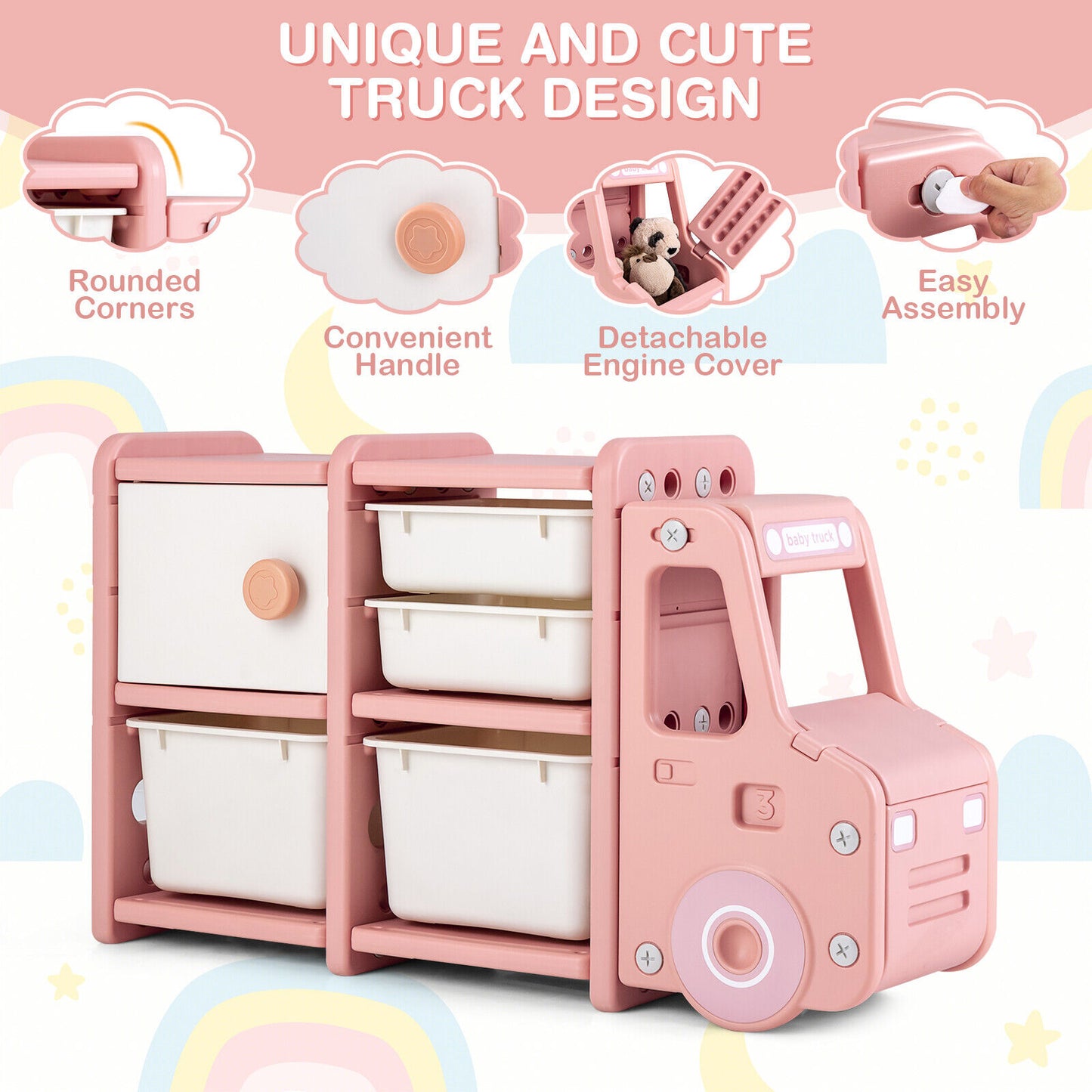 Toddler Truck Storage Organizer with Plastic Bins-Pink Kids Crystal
