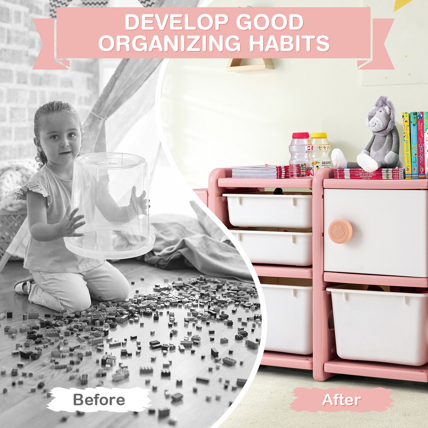 Toddler Truck Storage Organizer with Plastic Bins-Pink Kids Crystal
